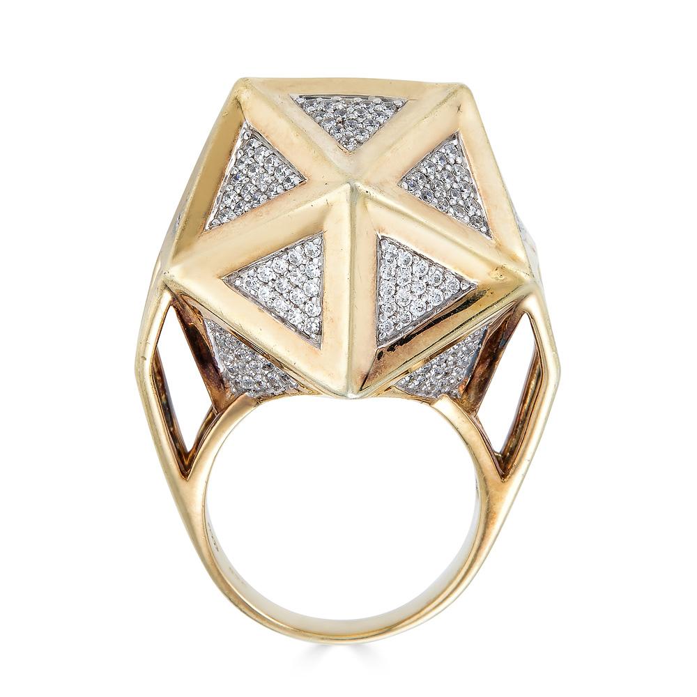 This one of a kind icosahedron ring by John Brevard is inspired by sacred geometry and the platonic solids of ancient philosophers. With twenty equilateral triangular sides fully paved with white diamonds, this icosahedron ring is associated with