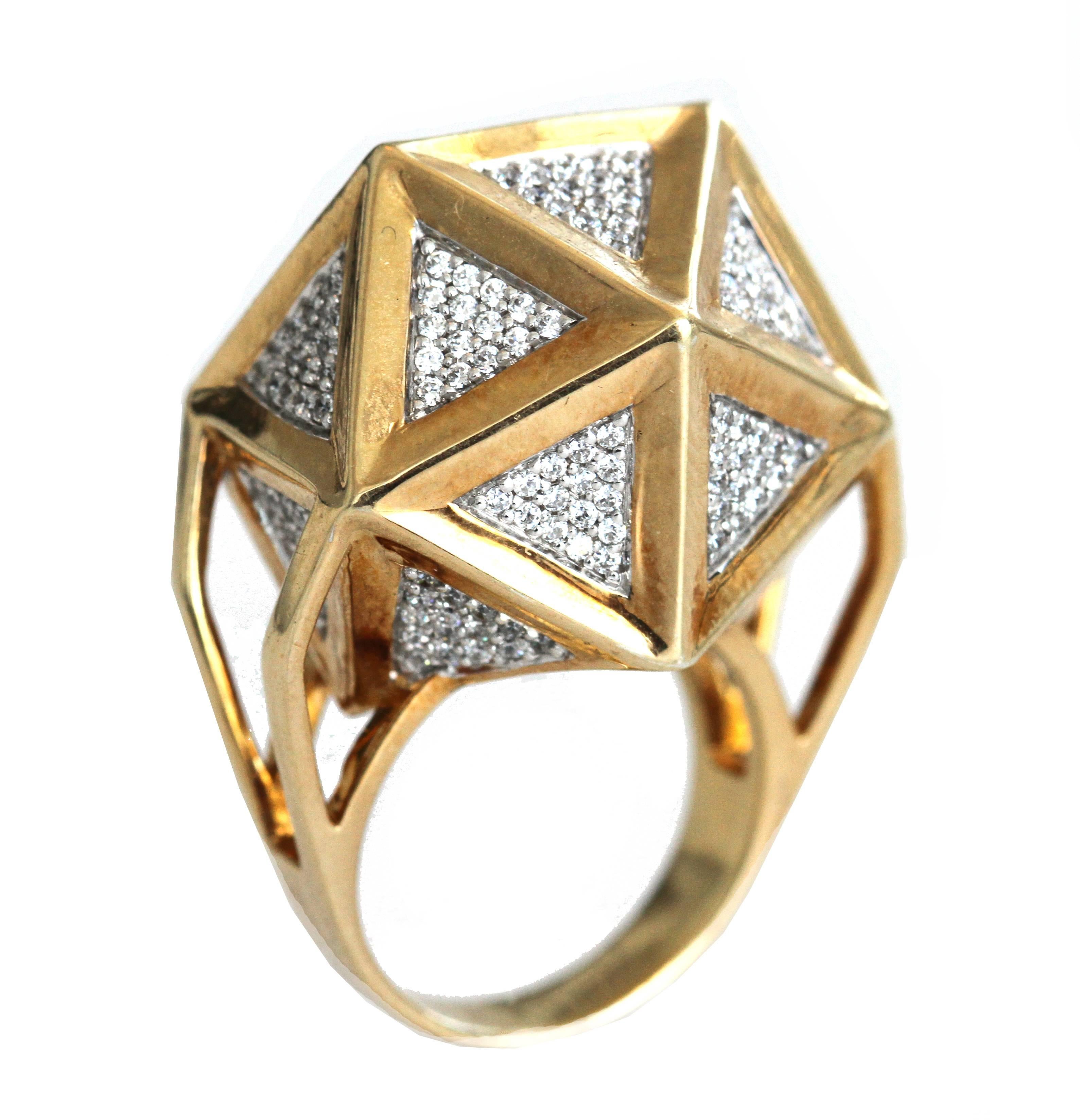 Women's or Men's One of a Kind Large Icoso White Diamonds 18 Karat Gold Ring For Sale