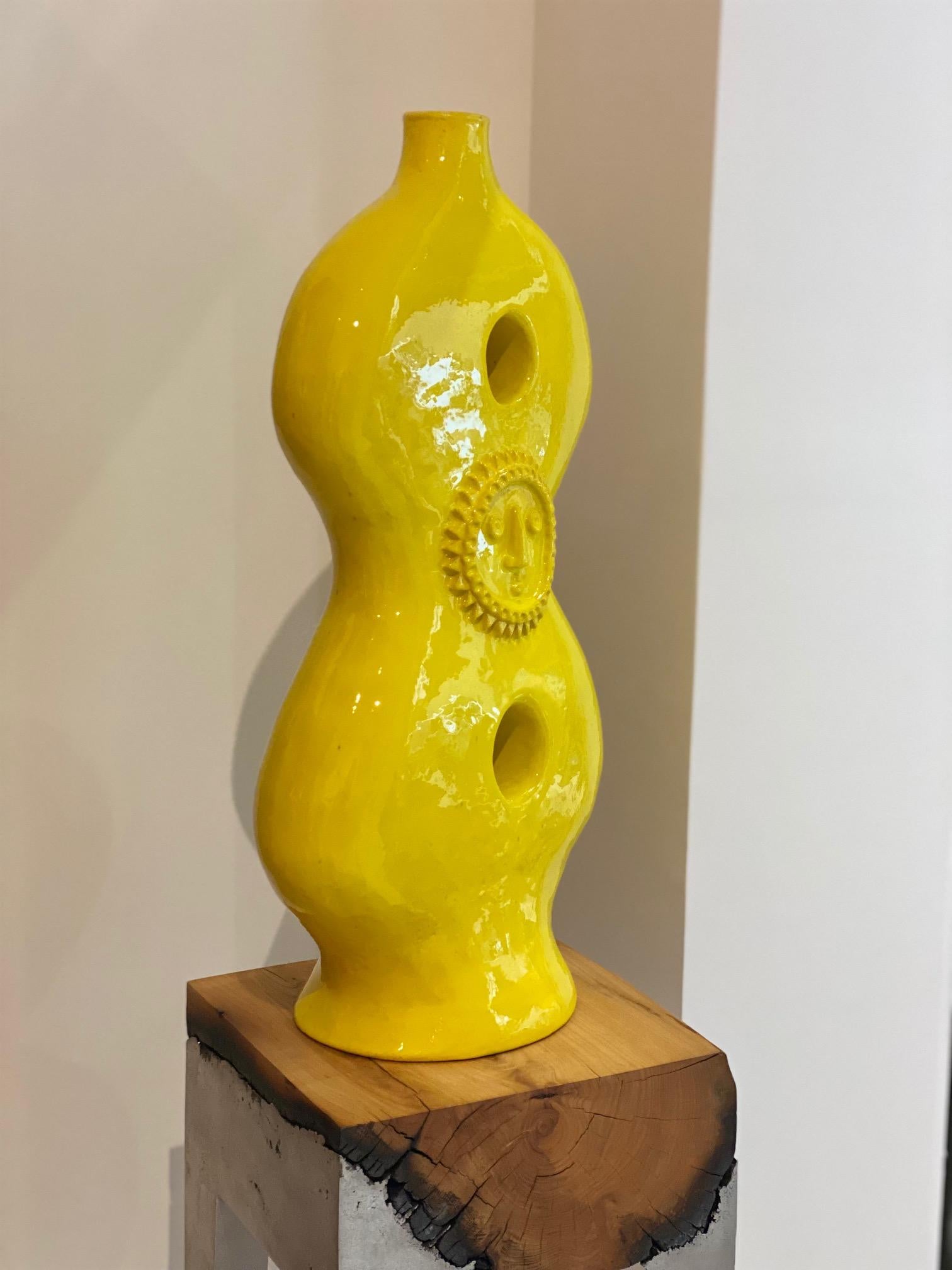 One of a Kind Large Yellow Ceramic Lamp Base or Sculpture Signed by Dalo In New Condition For Sale In Paris, FR