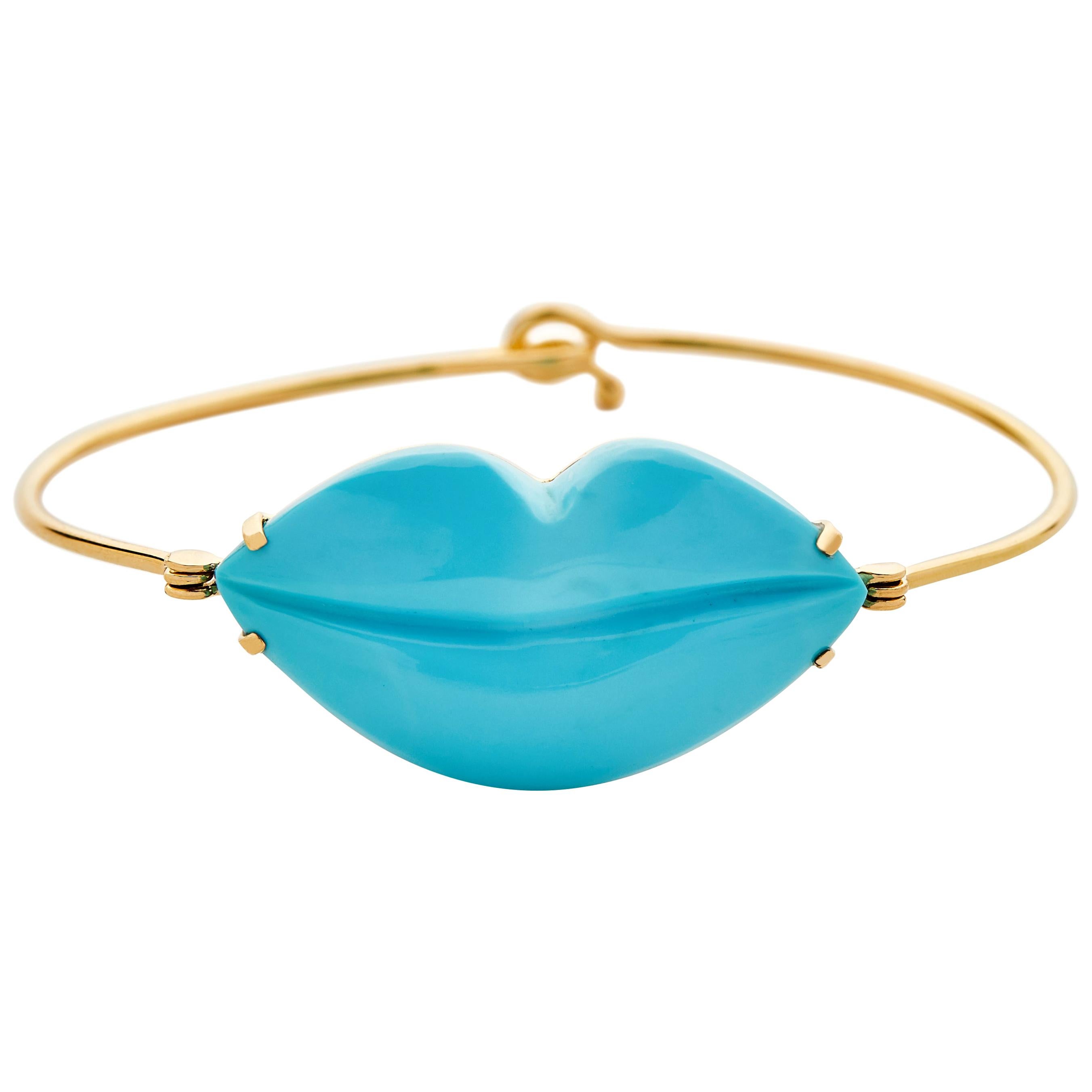 One of a Kind Lips Bracelet 18 Karat Gold with 15.12 Carat Turquoise For Sale