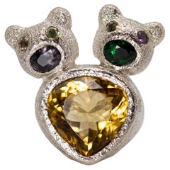 One of a Kind Little Bears Ring Citrine Tsavorite Spinel Sapphirs Set in Silver