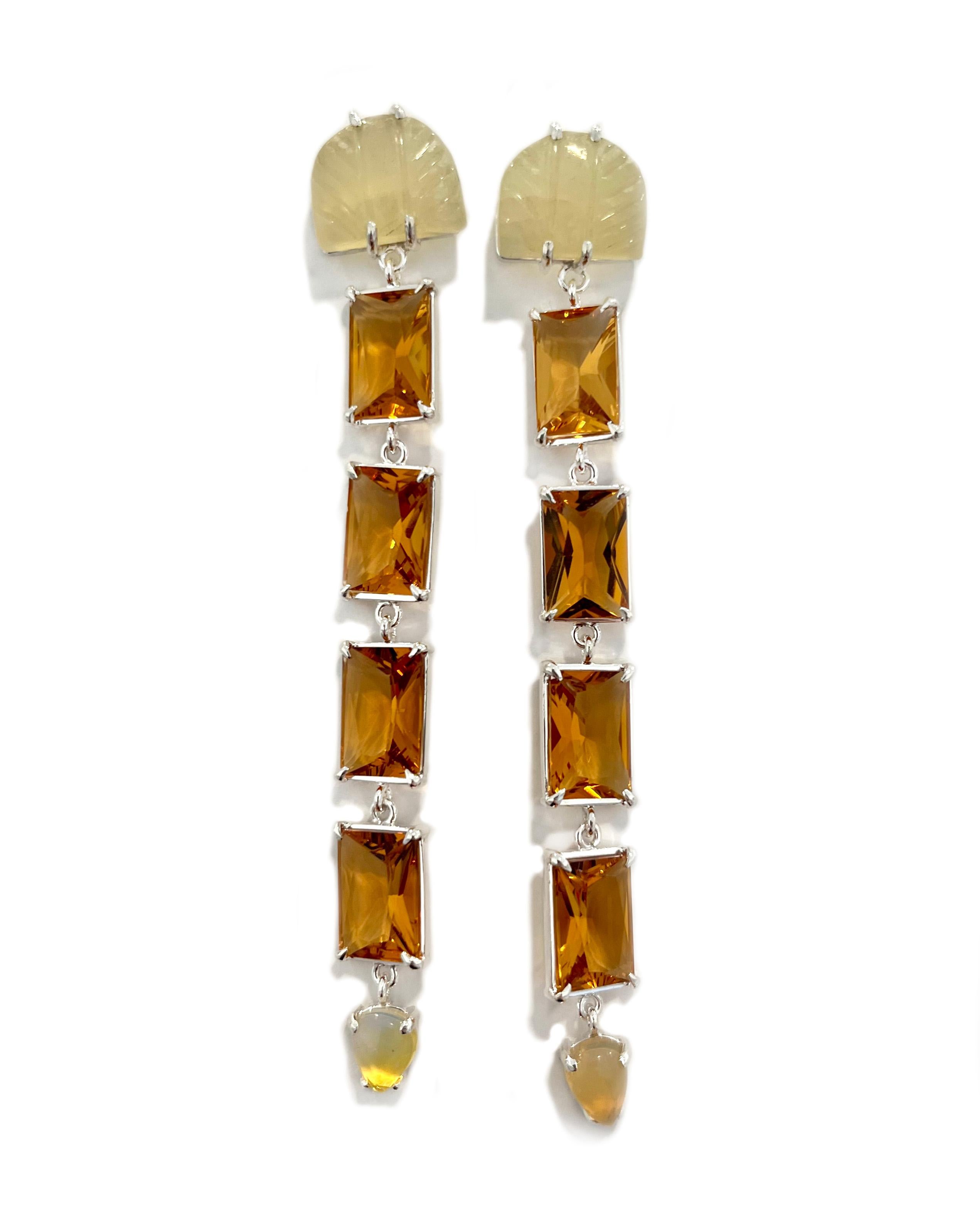 Contemporain Boucles d'oreilles uniques en leur genre en opale, quartz orange, fluorine et argent sterling