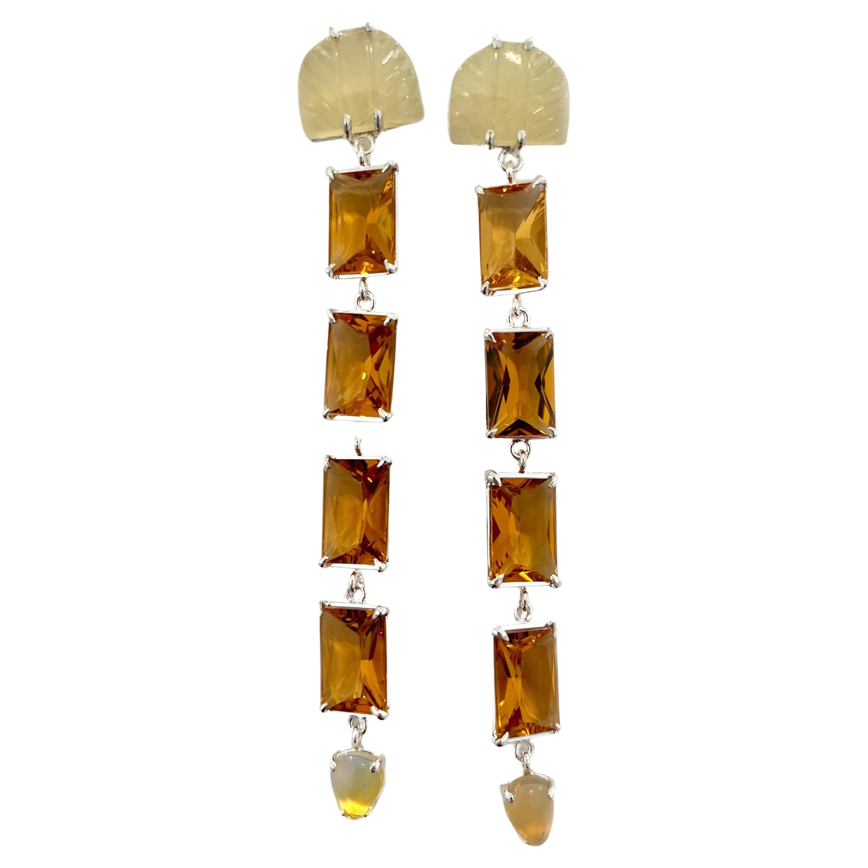 Boucles d'oreilles uniques en leur genre en opale, quartz orange, fluorine et argent sterling