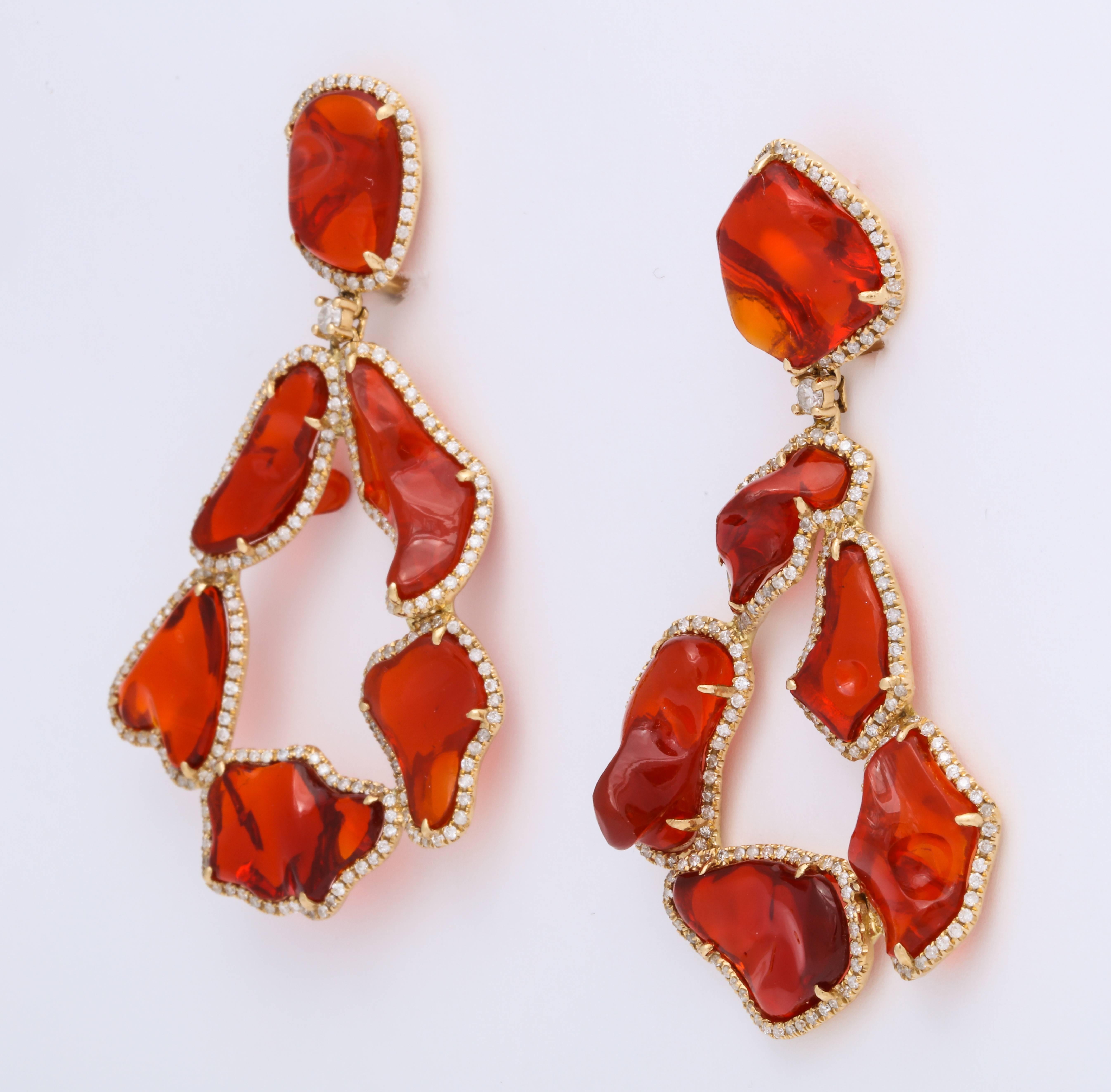 One of a Kind Mexican Fire Opal Diamond Gold Drop Earrings In New Condition In Bal Harbour, FL