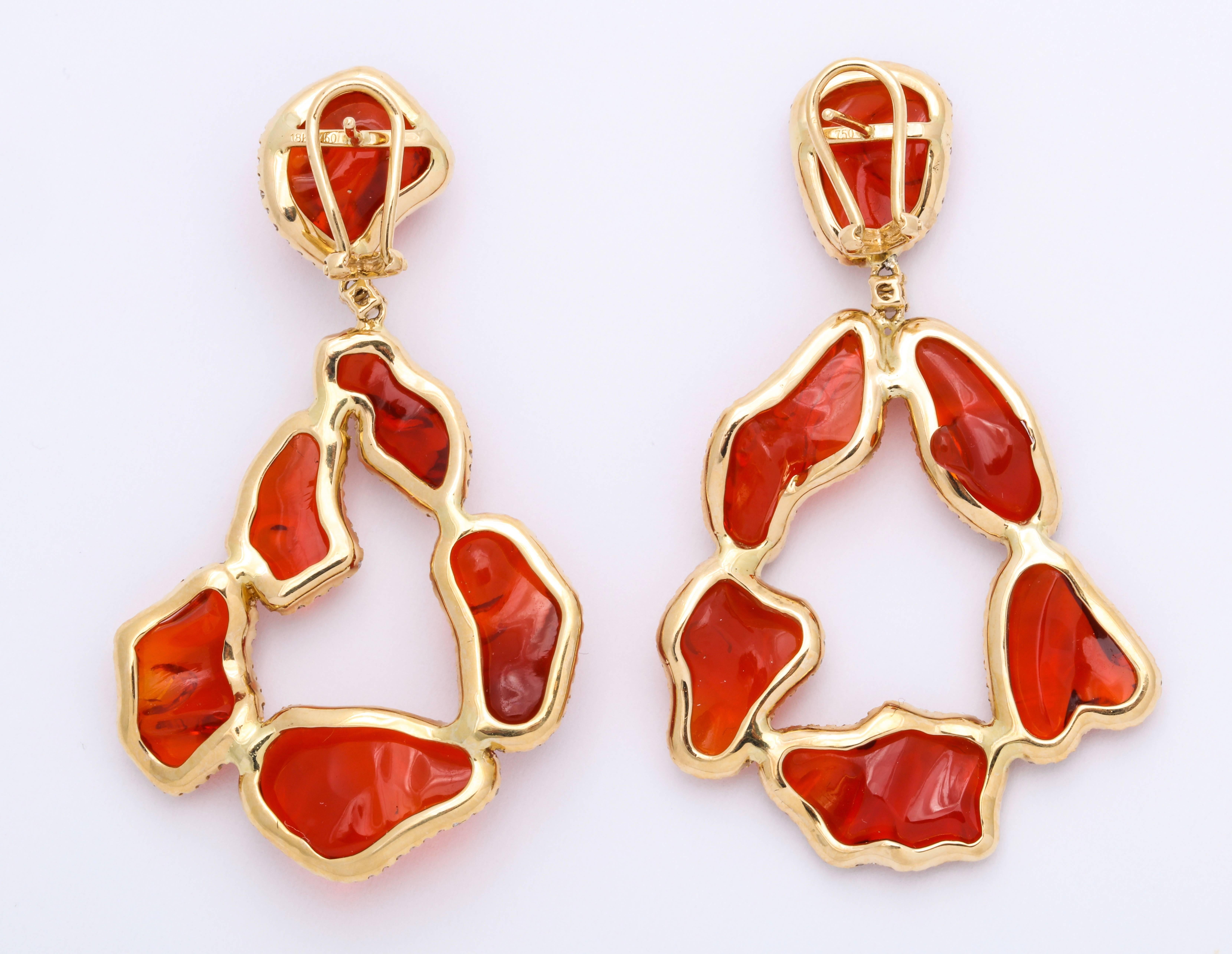 Women's or Men's One of a Kind Mexican Fire Opal Diamond Gold Drop Earrings