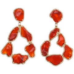 One of a Kind Mexican Fire Opal Diamond Gold Drop Earrings