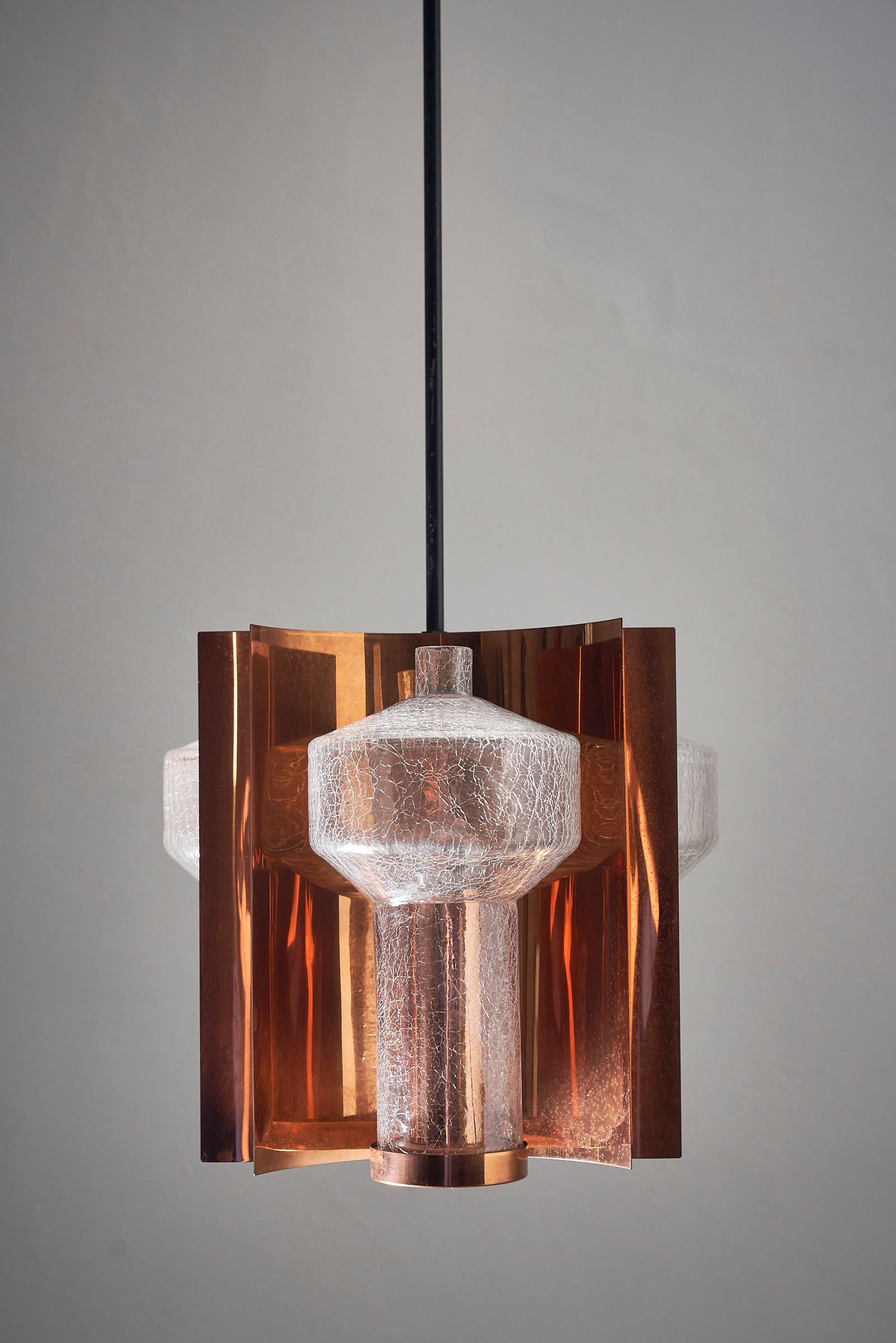 One Of a Kind Mid Century Hanging Light in Brass with 3 textured glass sconces  For Sale 3