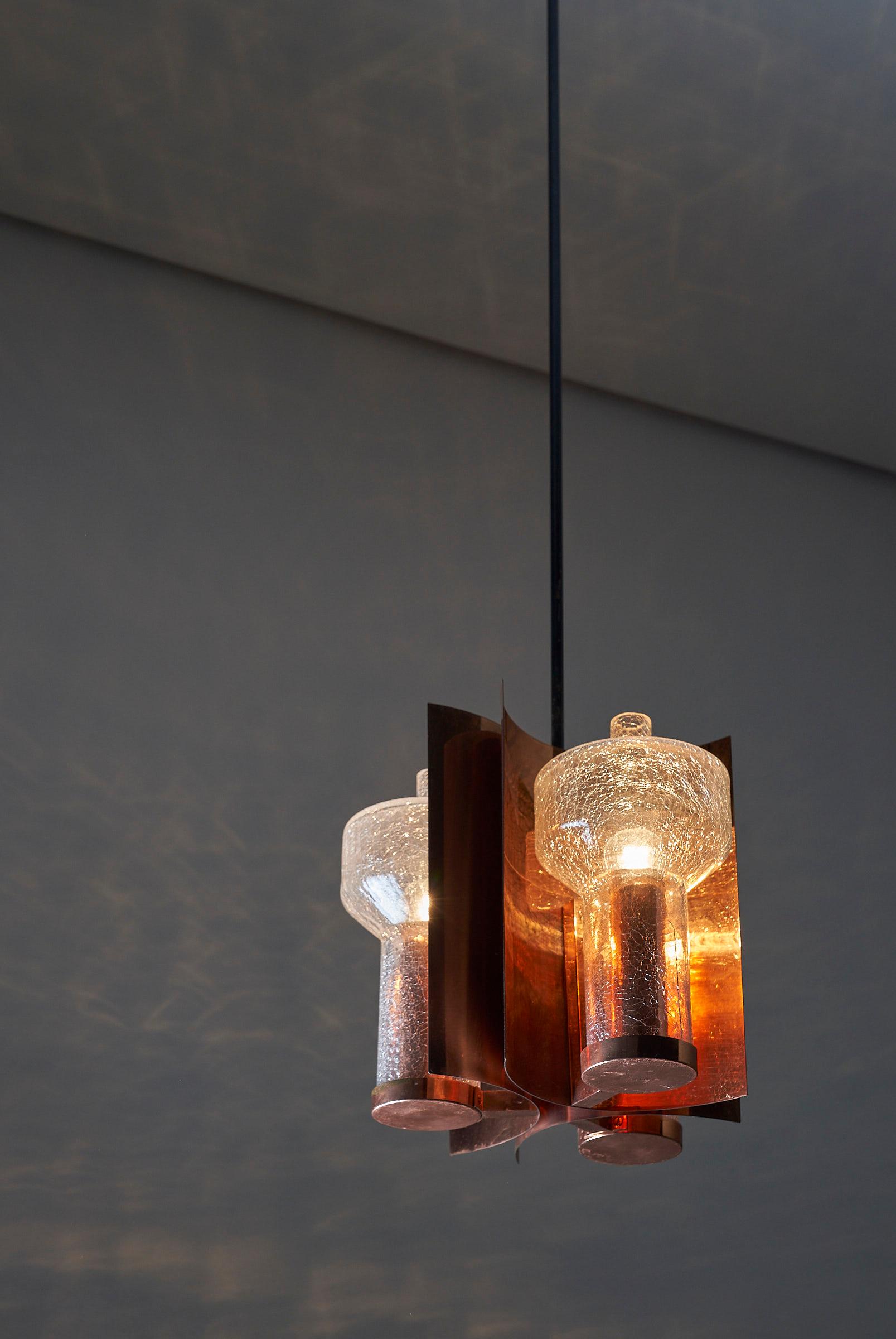 German One Of a Kind Mid Century Hanging Light in Brass with 3 textured glass sconces  For Sale