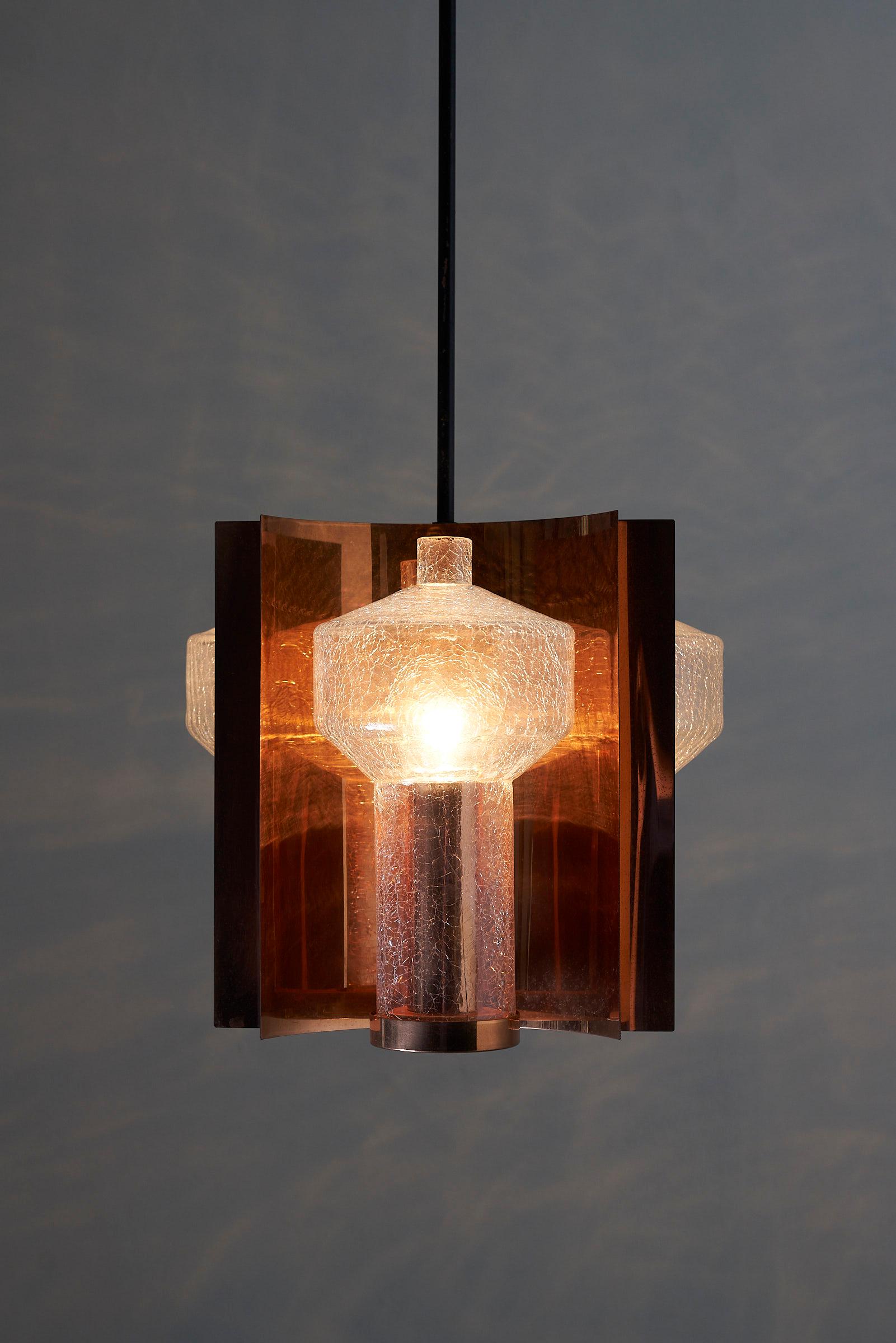 Hand-Crafted One Of a Kind Mid Century Hanging Light in Brass with 3 textured glass sconces  For Sale