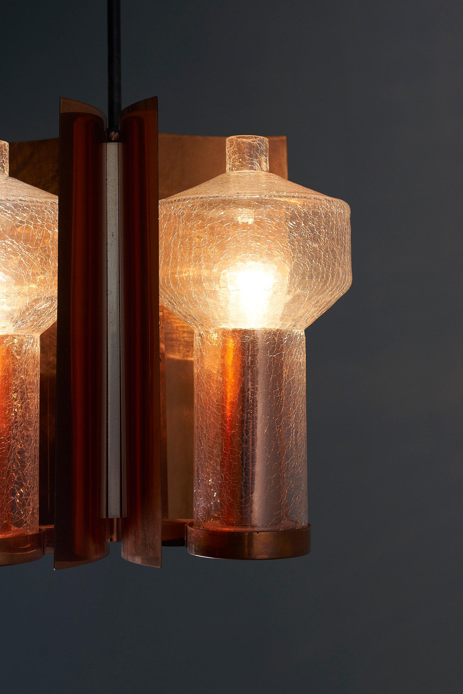 One Of a Kind Mid Century Hanging Light in Brass with 3 textured glass sconces  In Good Condition For Sale In Mortsel, BE