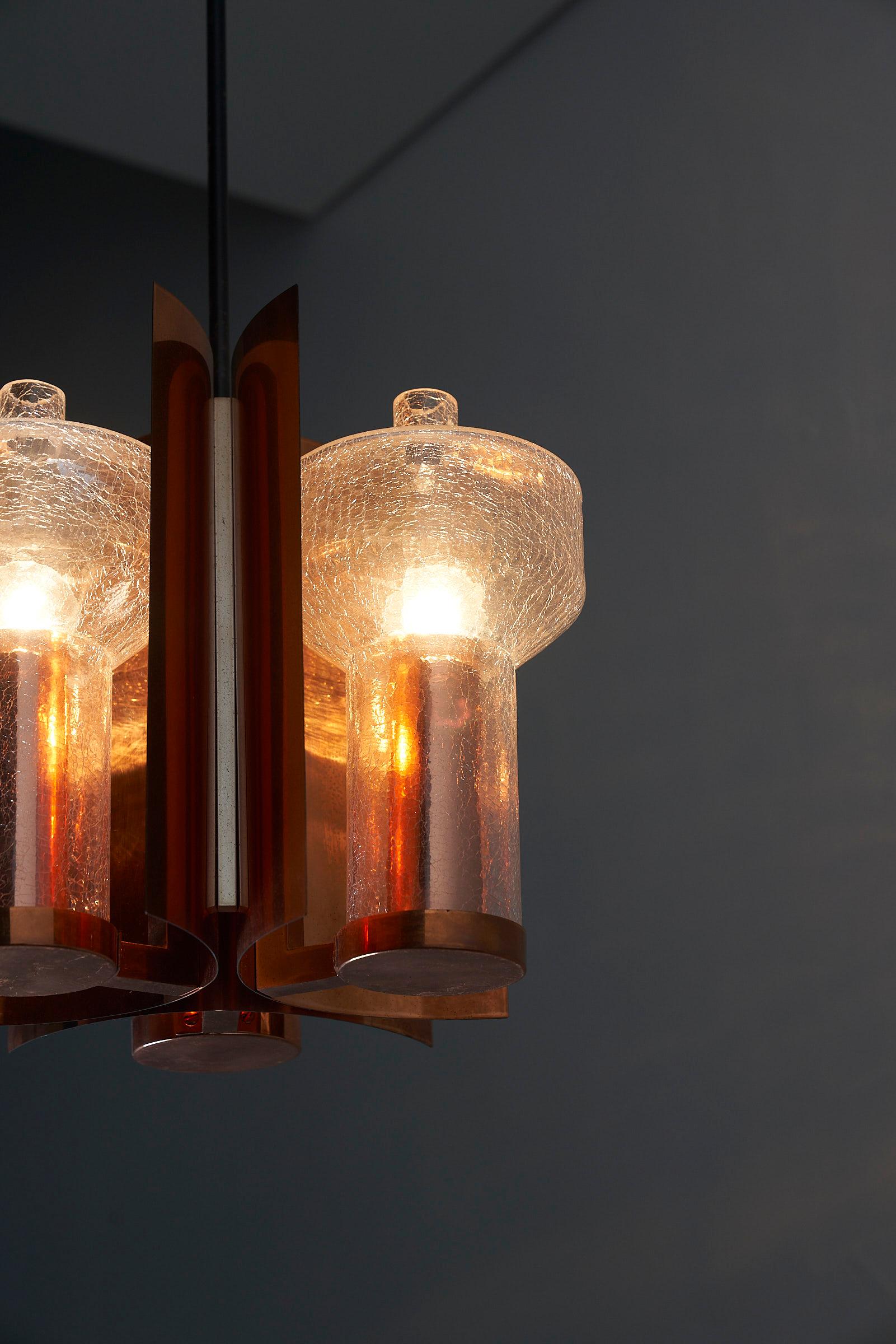 Mid-20th Century One Of a Kind Mid Century Hanging Light in Brass with 3 textured glass sconces  For Sale