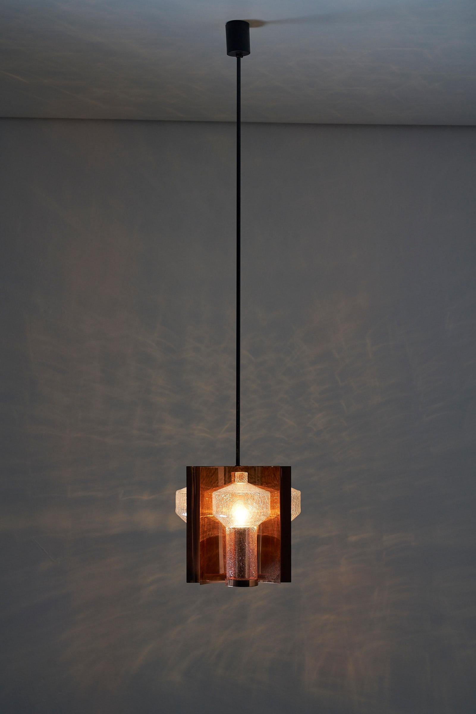Metal One Of a Kind Mid Century Hanging Light in Brass with 3 textured glass sconces  For Sale