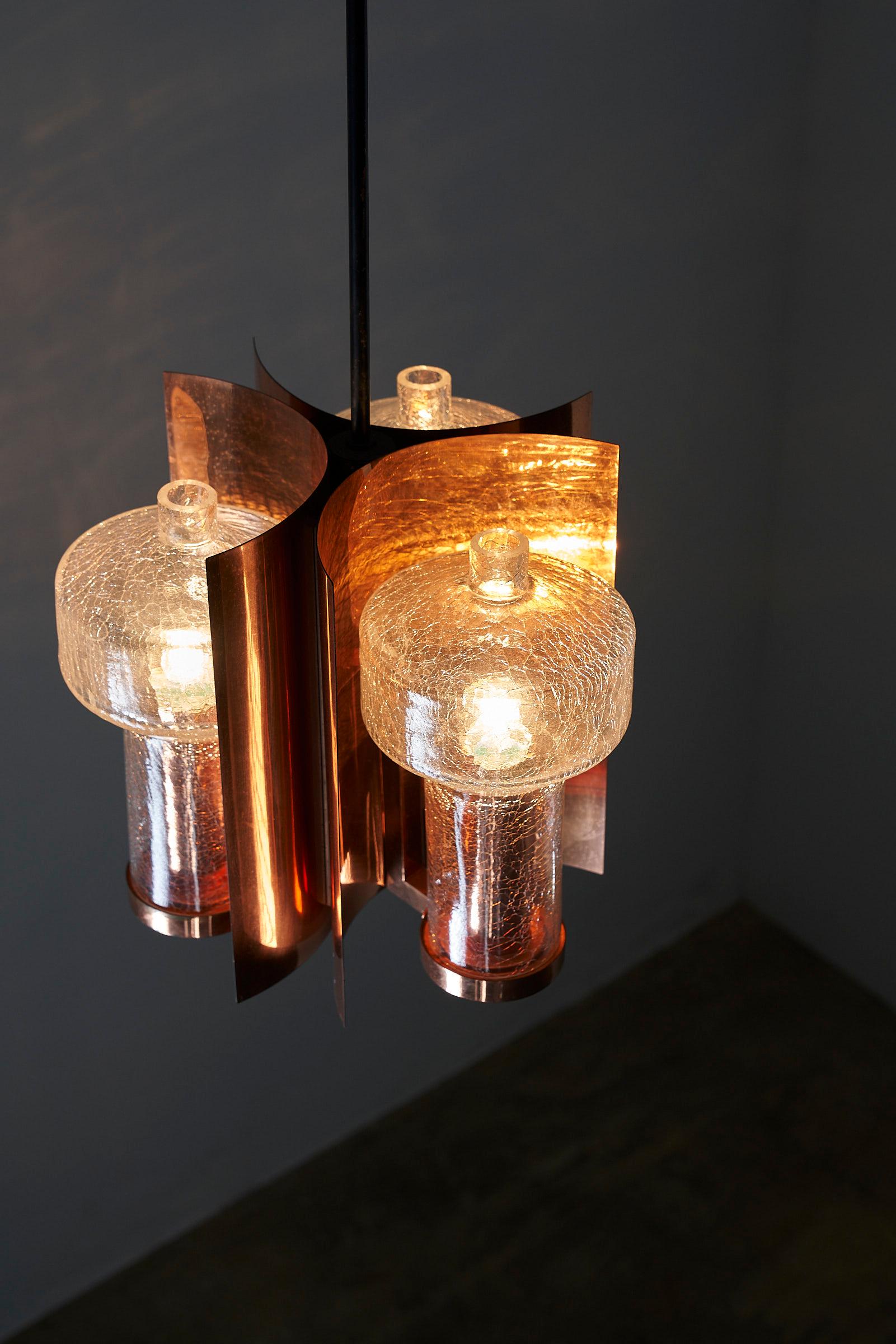 One Of a Kind Mid Century Hanging Light in Brass with 3 textured glass sconces  For Sale 1