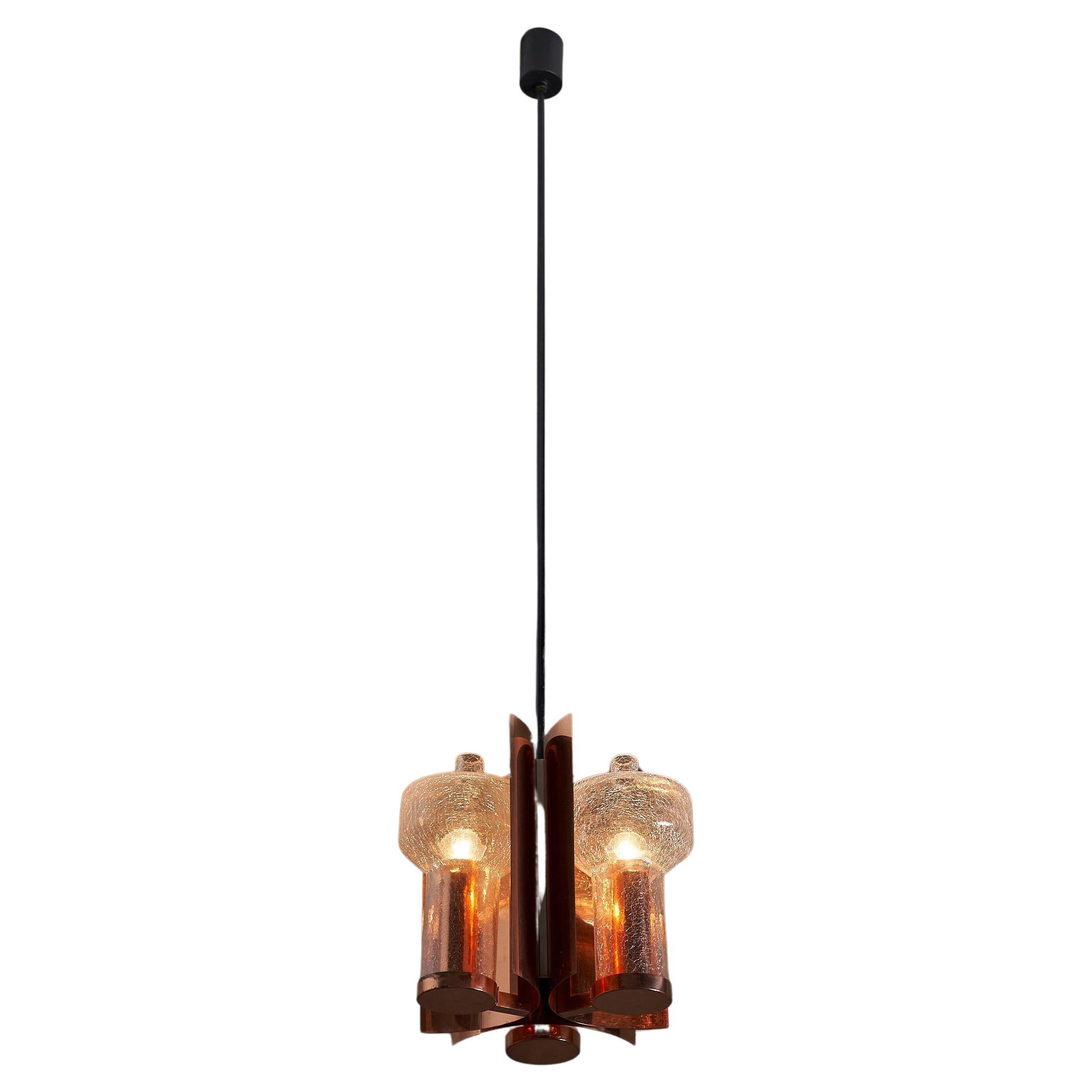 One Of a Kind Mid Century Hanging Light in Brass with 3 textured glass sconces  For Sale