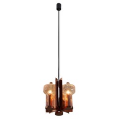 One Of a Kind Mid Century Hanging Light in Brass with 3 textured glass sconces 
