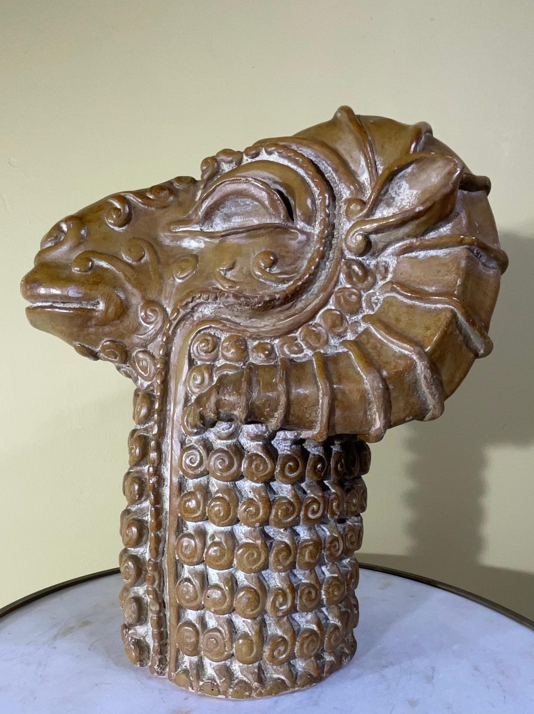 European One Of A Kind Mid-Century Modern Ceramic Ram Head Sculpture For Sale