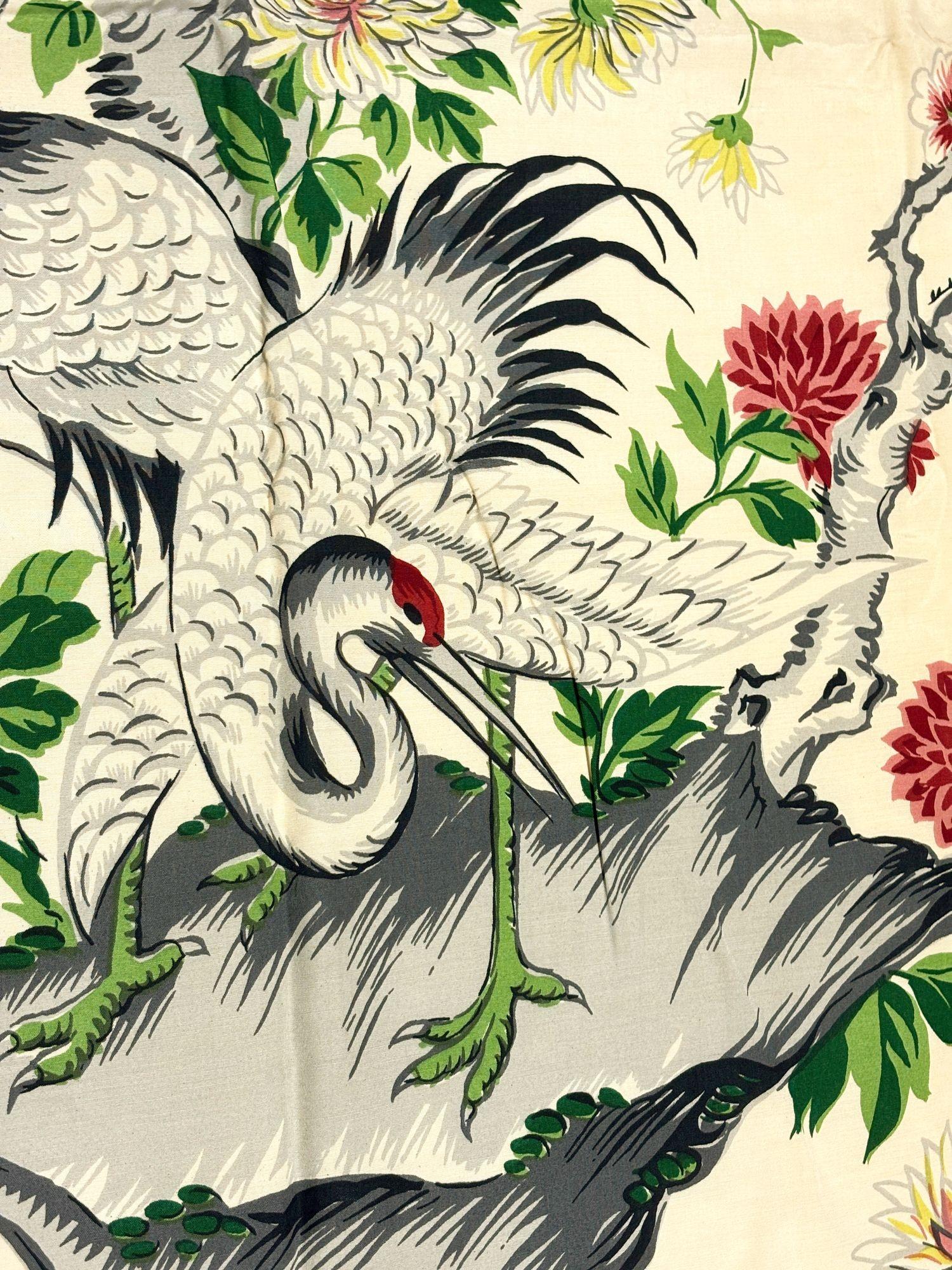 One of a Kind Mid Century Silk Curtain Panel with Cranes, Pine, and Chrysanthemu In Excellent Condition For Sale In Van Nuys, CA