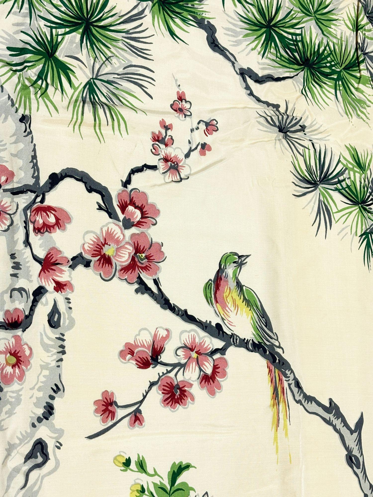 Mid-20th Century One of a Kind Mid Century Silk Curtain Panel with Cranes, Pine, and Chrysanthemu For Sale