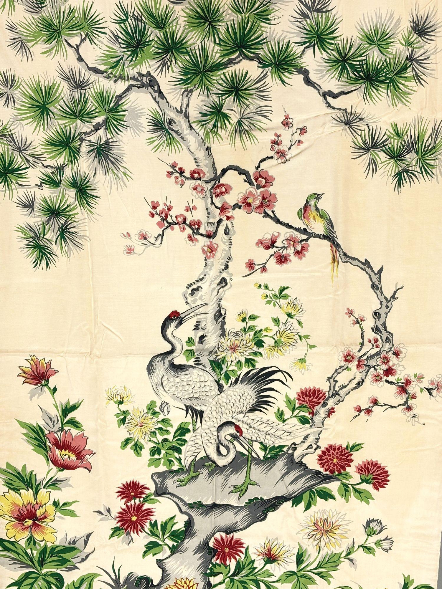 Metal One of a Kind Mid Century Silk Curtain Panel with Cranes, Pine, and Chrysanthemu For Sale