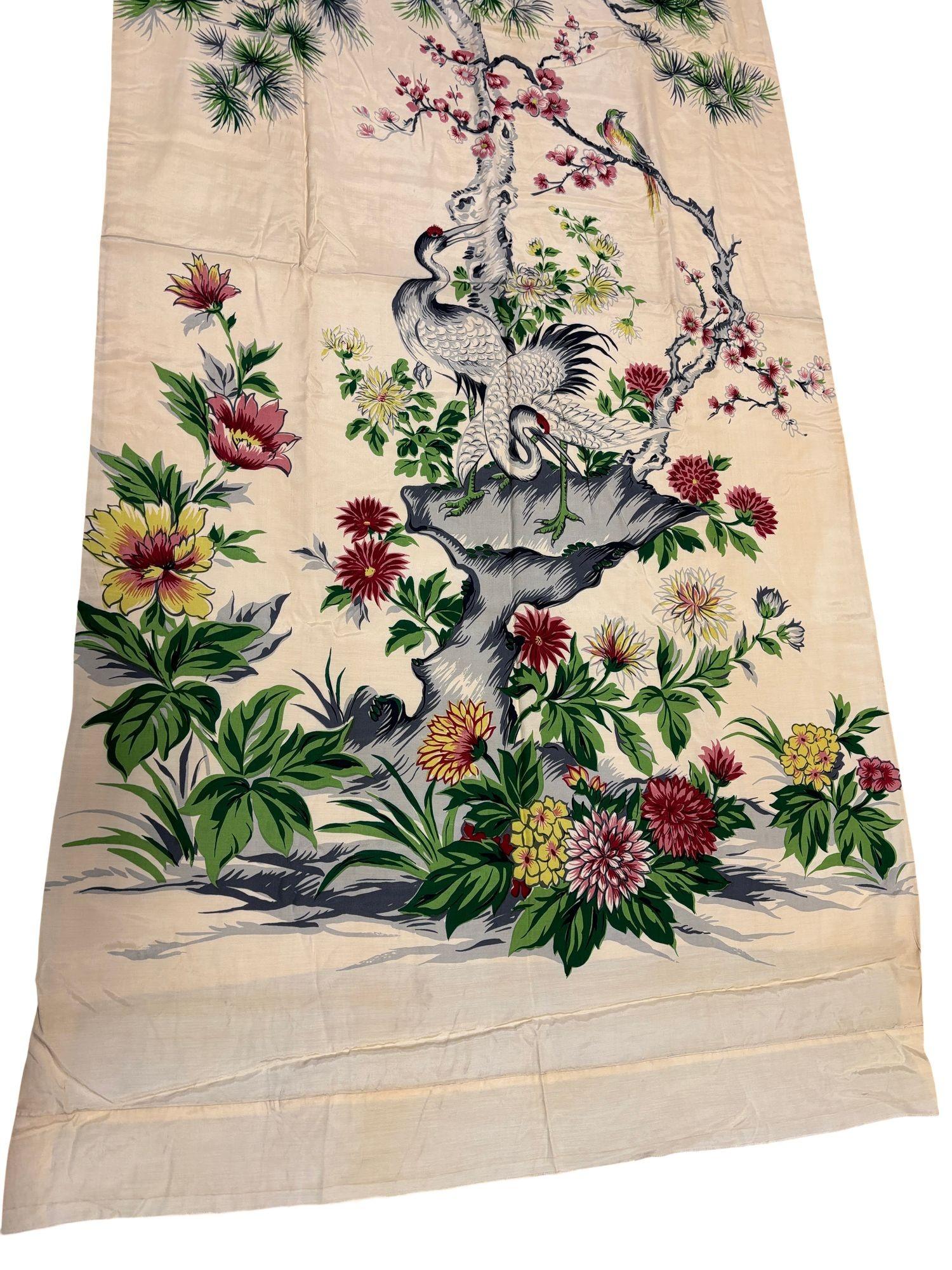 One of a Kind Mid Century Silk Curtain Panel with Cranes, Pine, and Chrysanthemu For Sale 1