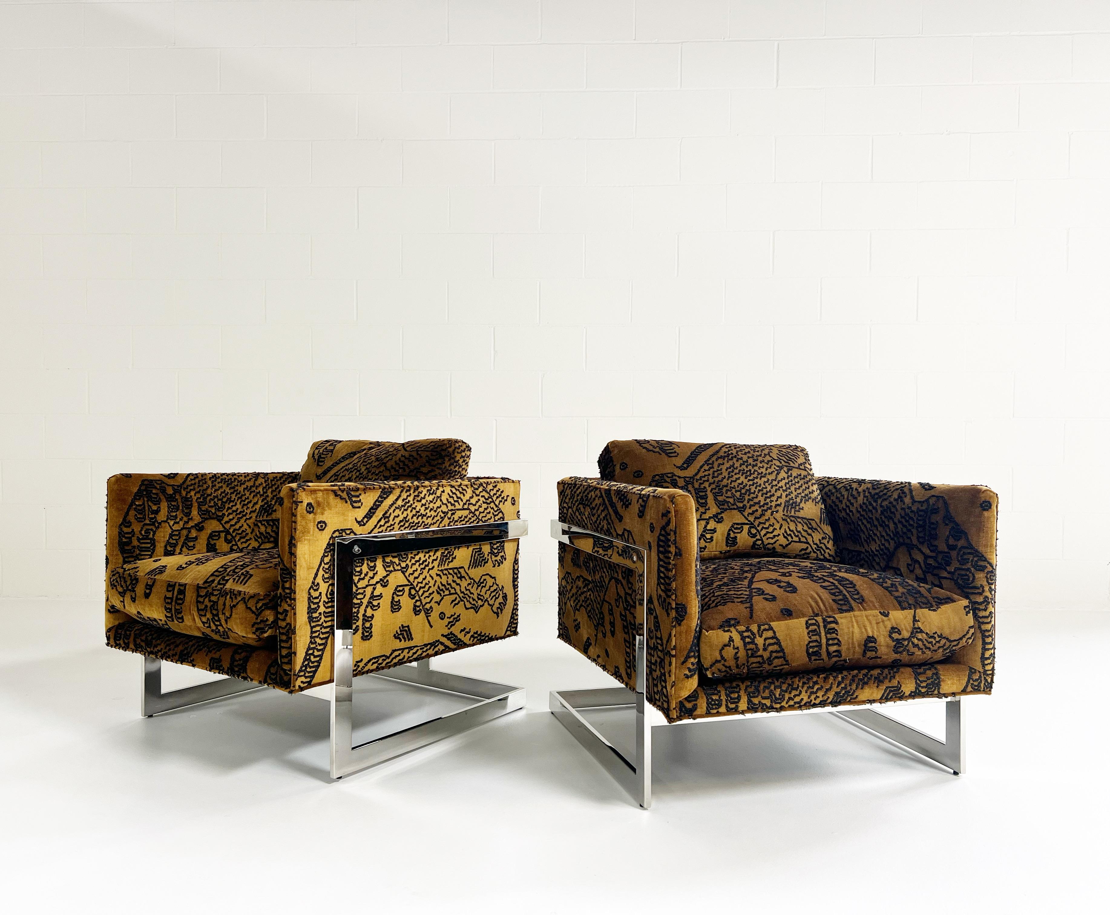Modern One-of-a-Kind Milo Baughman Lounge Chairs Restored in Dedar Tiger Mountain, Pair