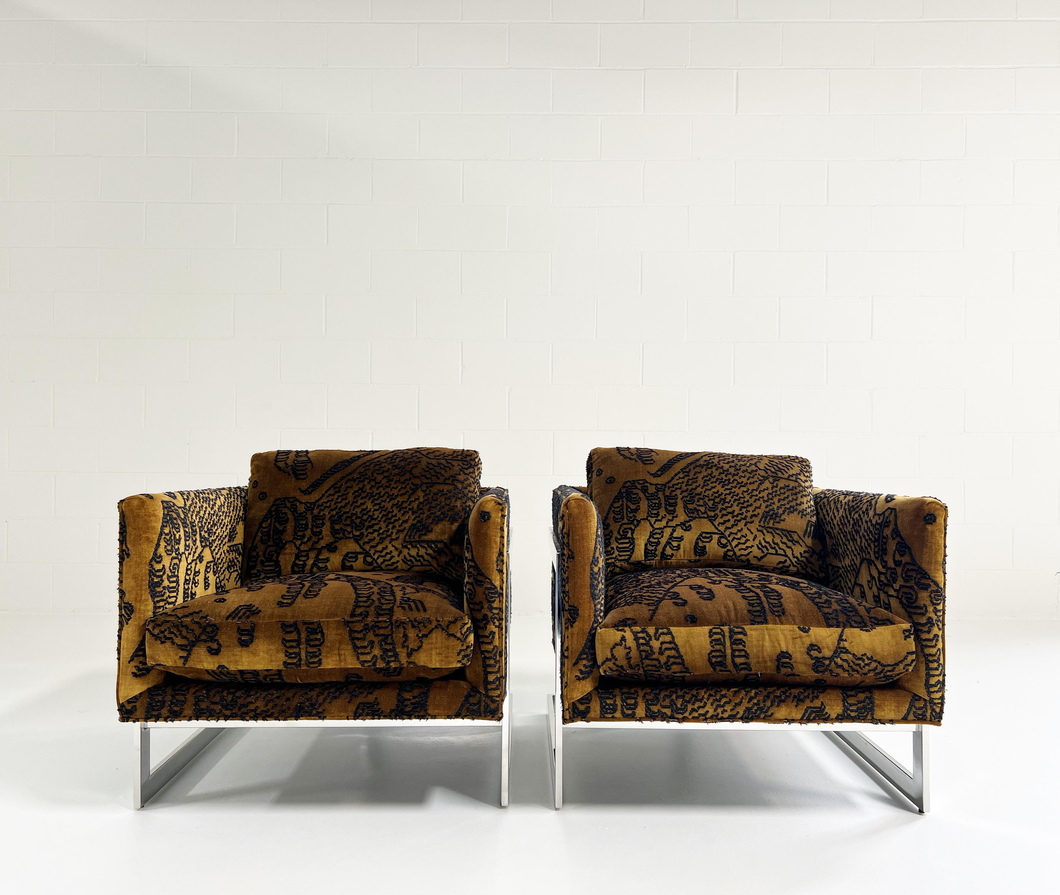 One-of-a-Kind Milo Baughman Lounge Chairs Restored in Dedar Tiger Mountain, Pair 1