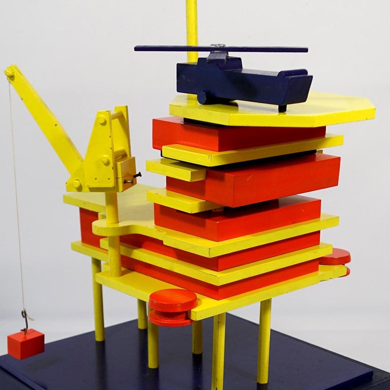Post-Modern One of a Kind Miniature Stylized Oil Rig Made of Wood Painted in De Stijl Colors For Sale