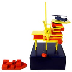 One of a Kind Miniature Stylized Oil Rig Made of Wood Painted in De Stijl Colors