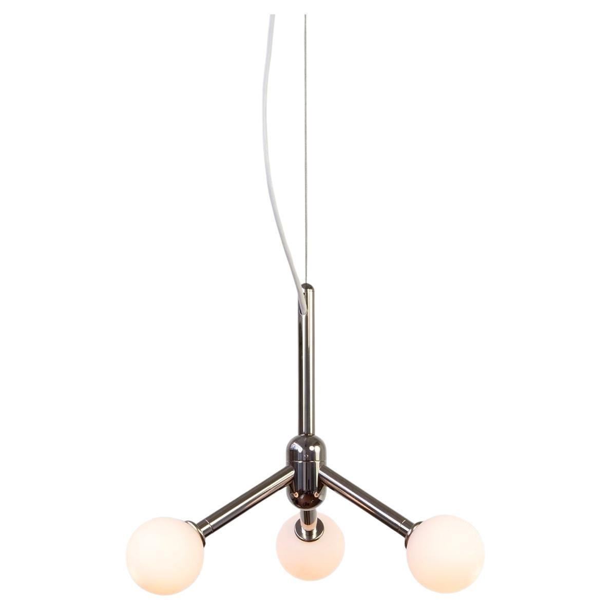 One of a Kind Modern Polished Nickel Chandelier with Three White Glass Globes