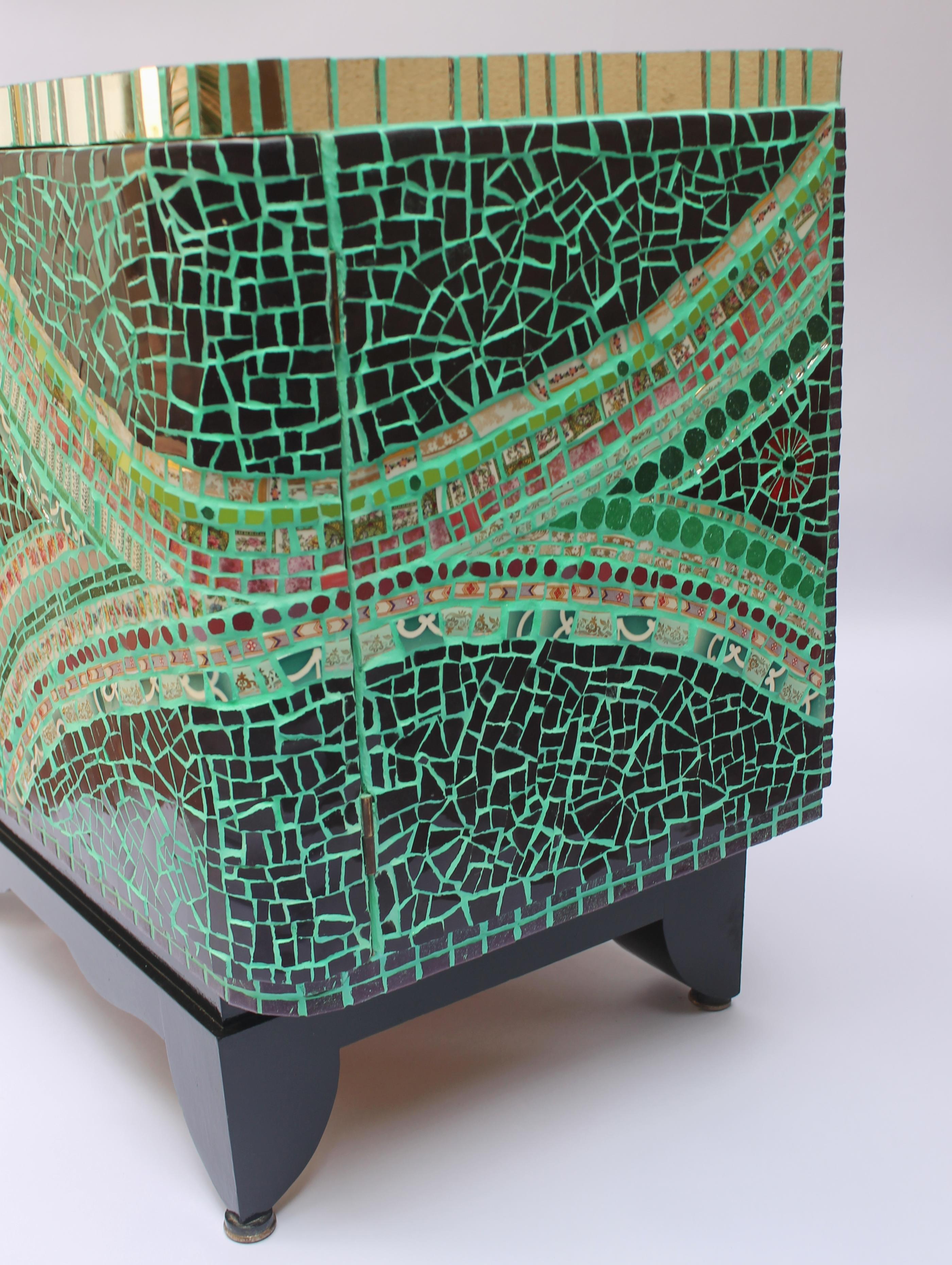 One of a Kind Mosaic Art Deco Green Colorful Cabinet, France 1