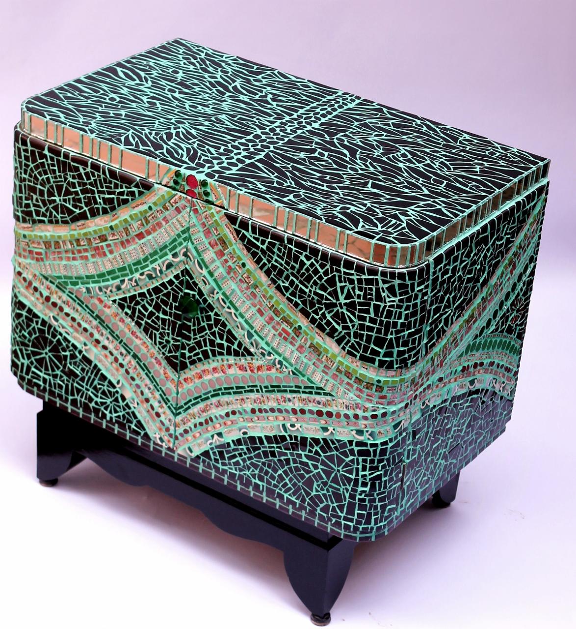 One of a Kind Mosaic Art Deco Green Colorful Cabinet, France 2