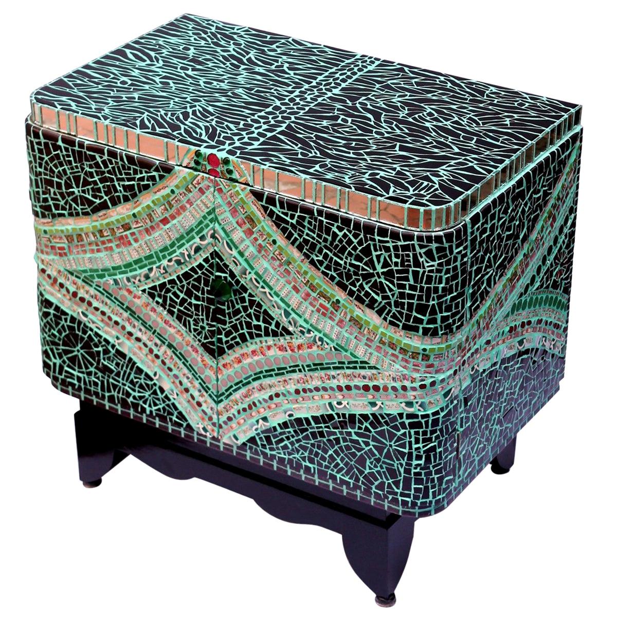 One of a Kind Mosaic Art Deco Green Colorful Cabinet, France