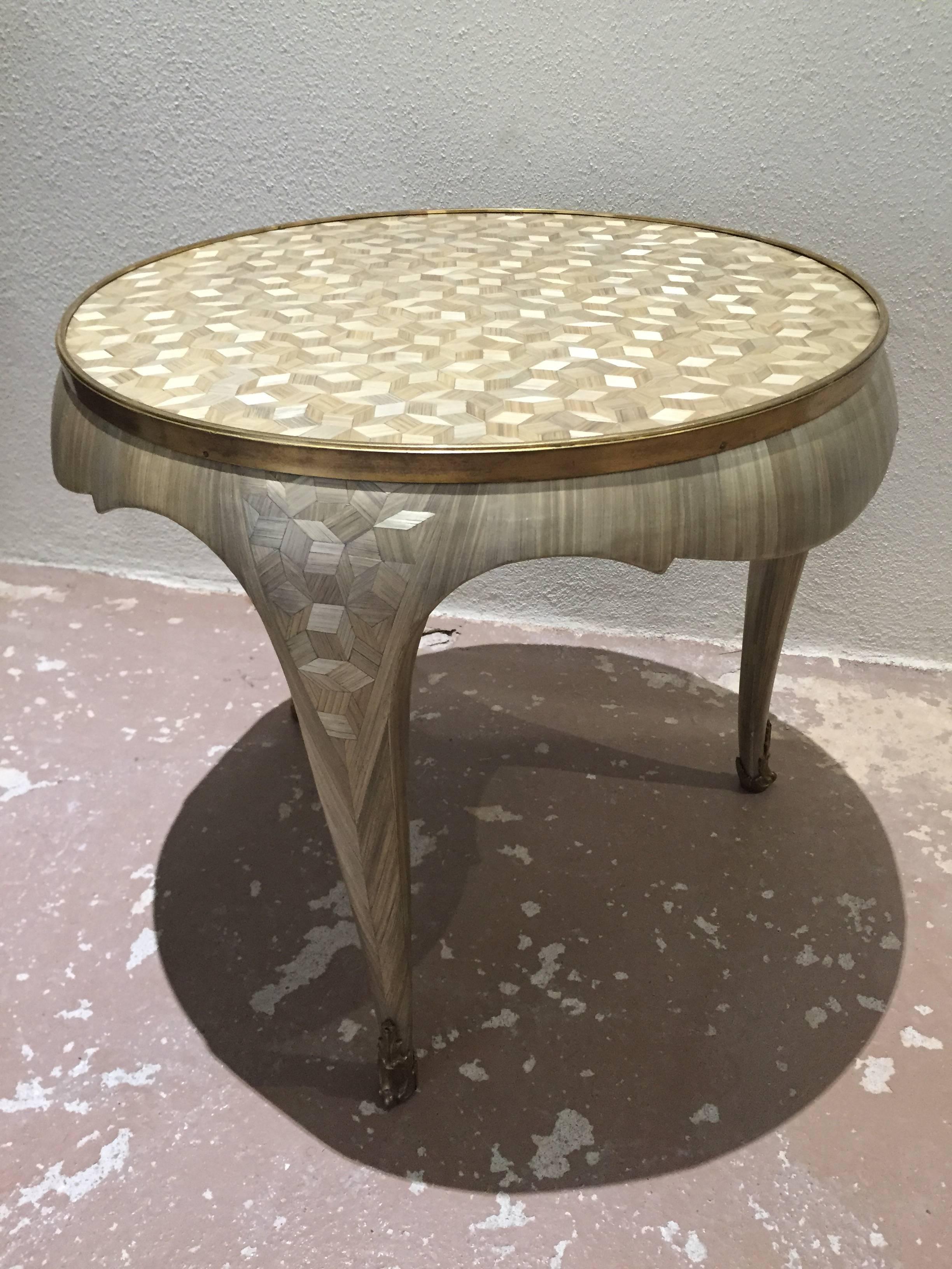 One of a Kind Mother of Pearl Straw Marquetry Art Deco Gueridon Table, France 1