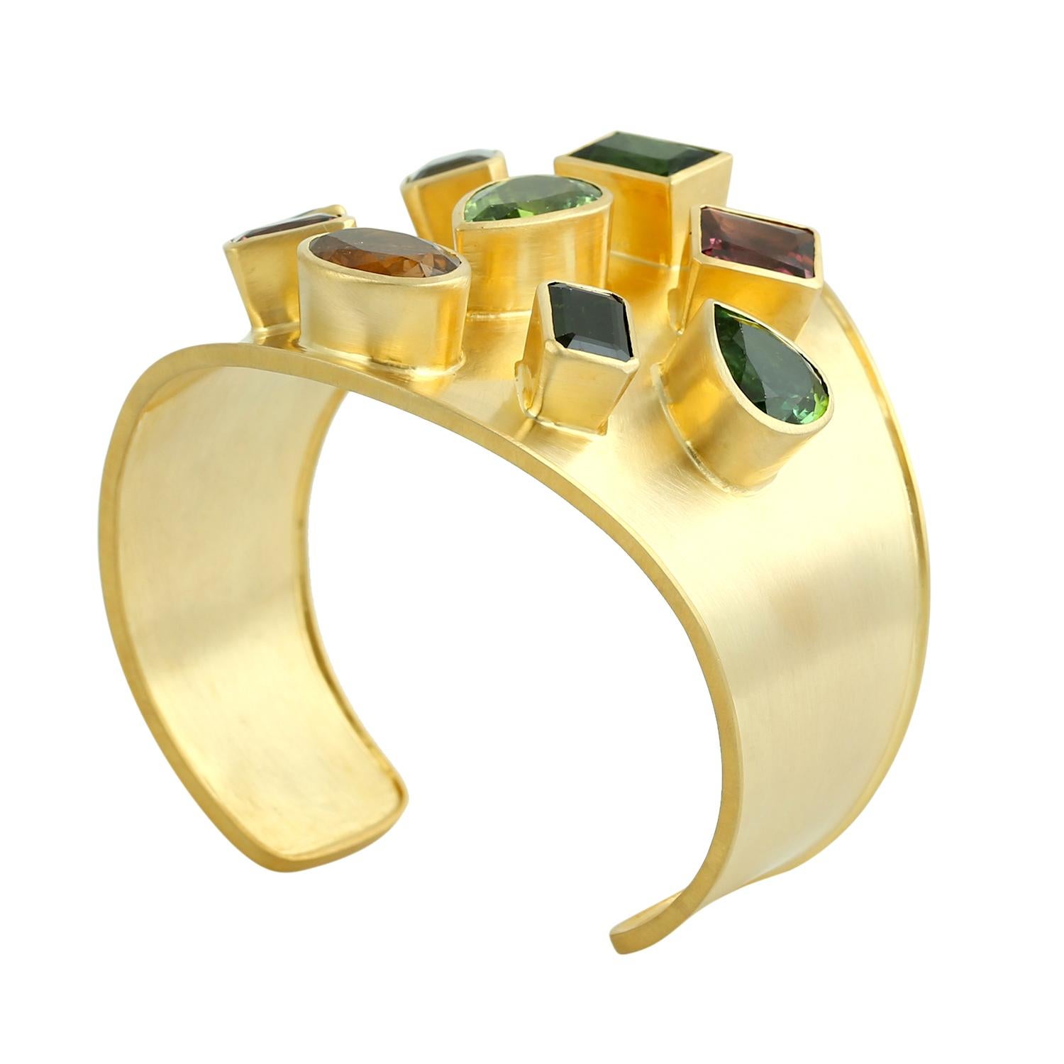 Mixed Cut One Of A Kind Multi Tourmaline Cuff Made In 14k Yellow Gold For Sale