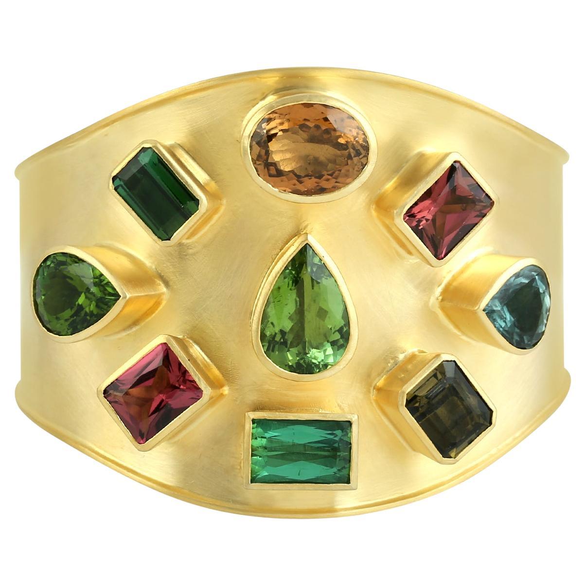 One Of A Kind Multi Tourmaline Cuff Made In 14k Yellow Gold