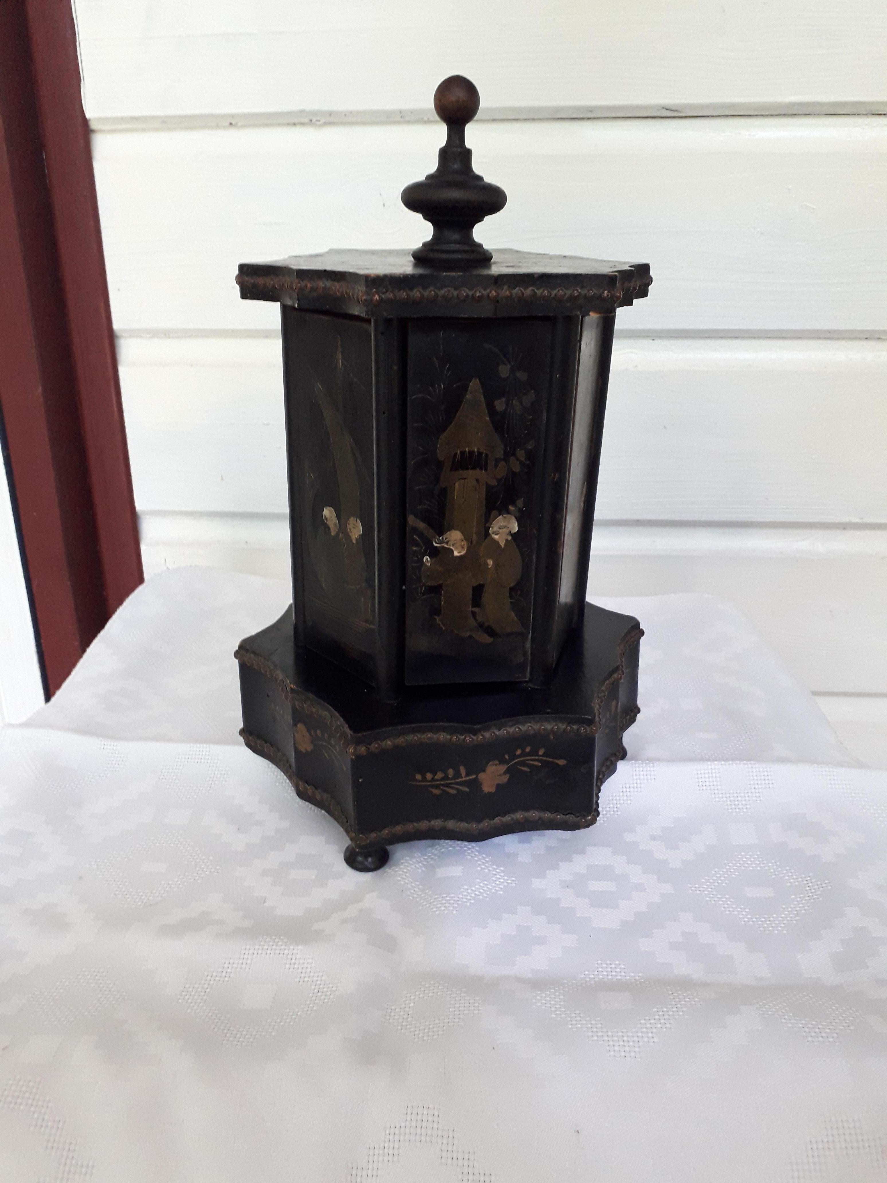 Unique French Napoleon III blackened wood cigar cabinet box, beautiful hand painted Asian characters with nice colors and decoration, lovely combination with gilt bronze and brass ornamentations. Opening the 6 doors it handles 18 cigars