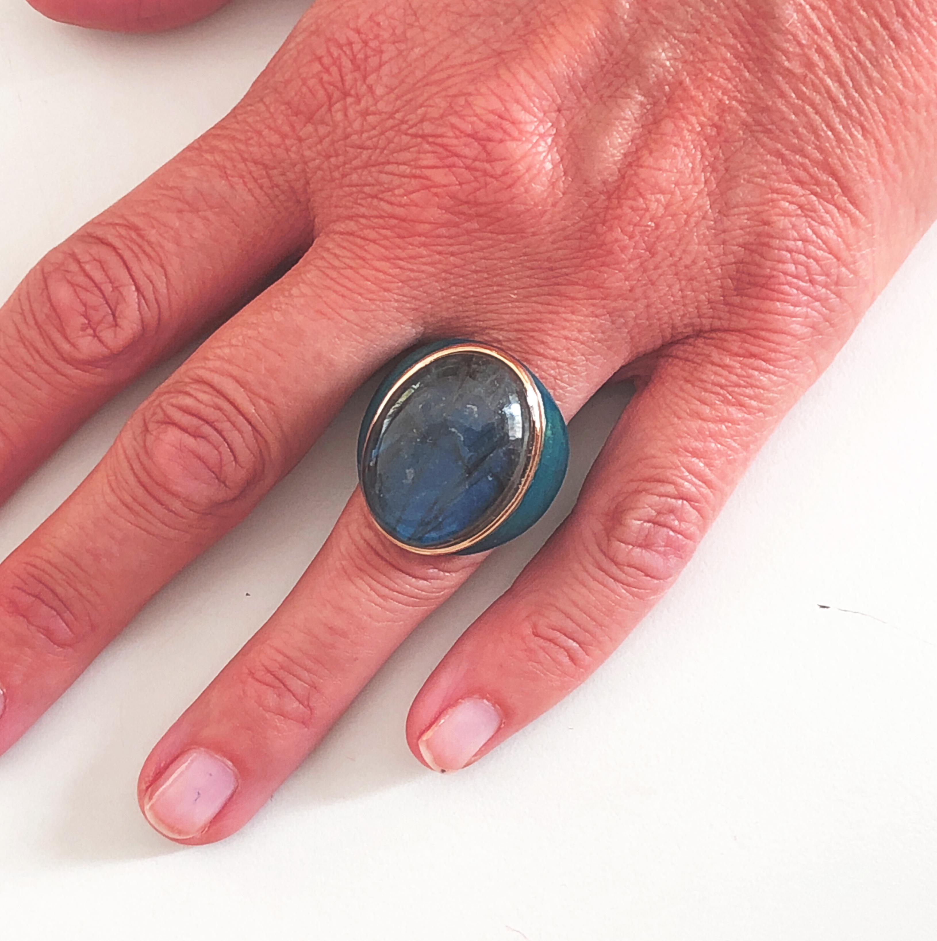 Women's One-of-a-Kind Natural Labradorite Oxidized Brass Gold Peacock Blue Cocktail Ring