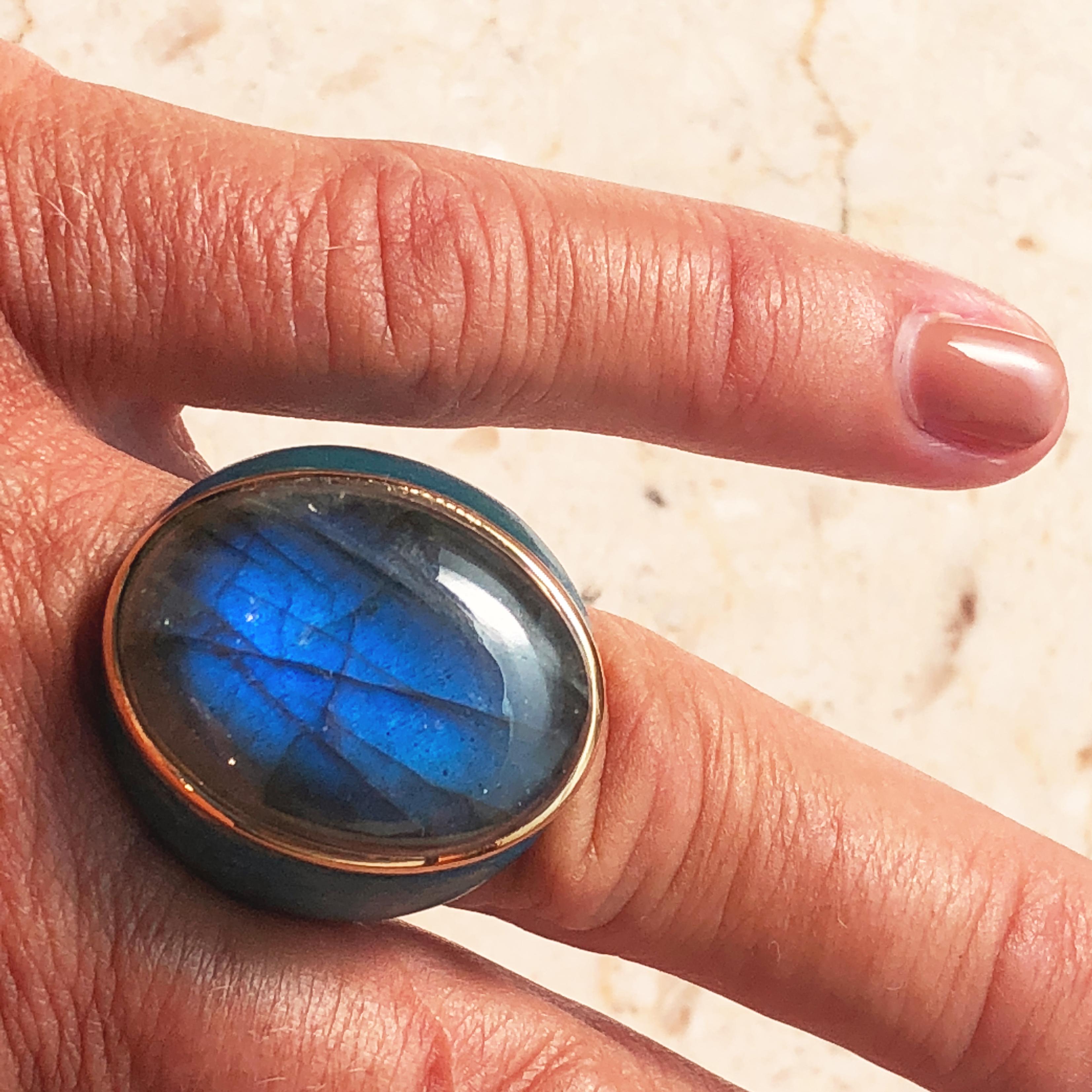 One-of-a-Kind Natural Labradorite Oxidized Brass Gold Peacock Blue Cocktail Ring 1
