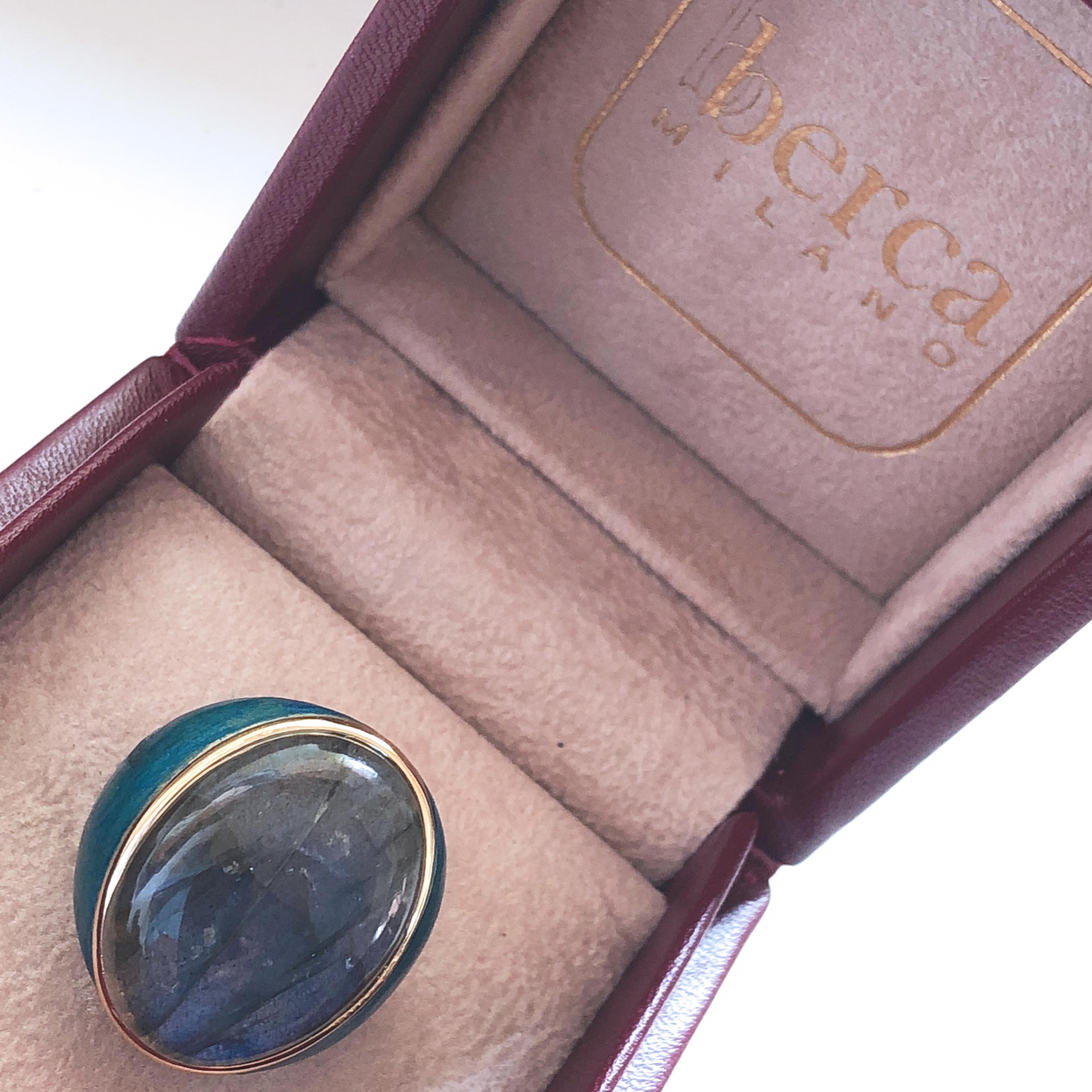 One-of-a-Kind Natural Labradorite Oxidized Brass Gold Peacock Blue Cocktail Ring 3