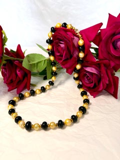 One-of-a-Kind Necklace -10mm Golden Freshwater Pearls & Black Stone Disks - 113g