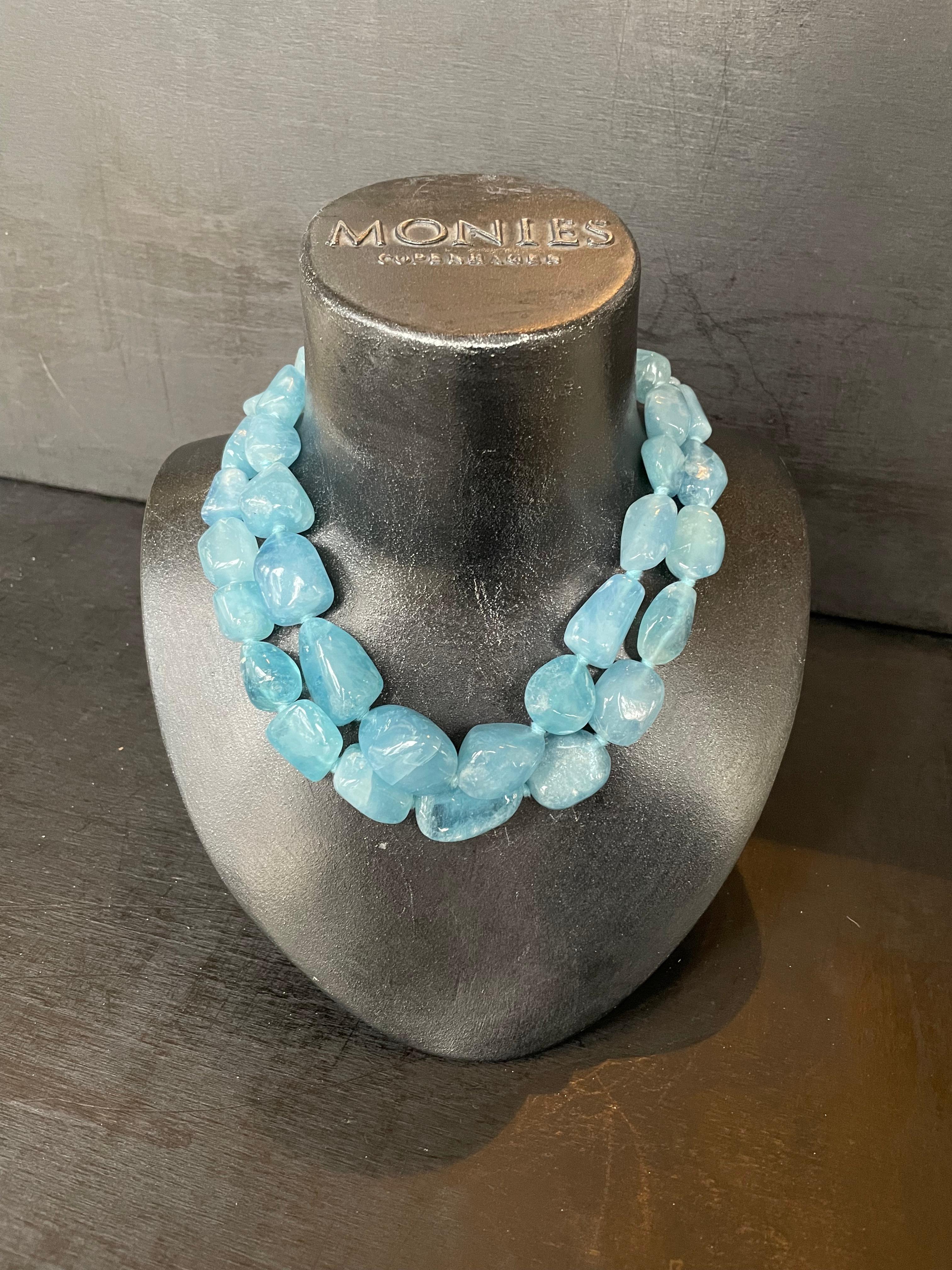 One-of-a-kind statement necklace from the Danish jewellery brand, Monies. 
Made in Aquamarine with a leather clasp. 

Handcrafted in the Monies Atelier in Copenhagen.