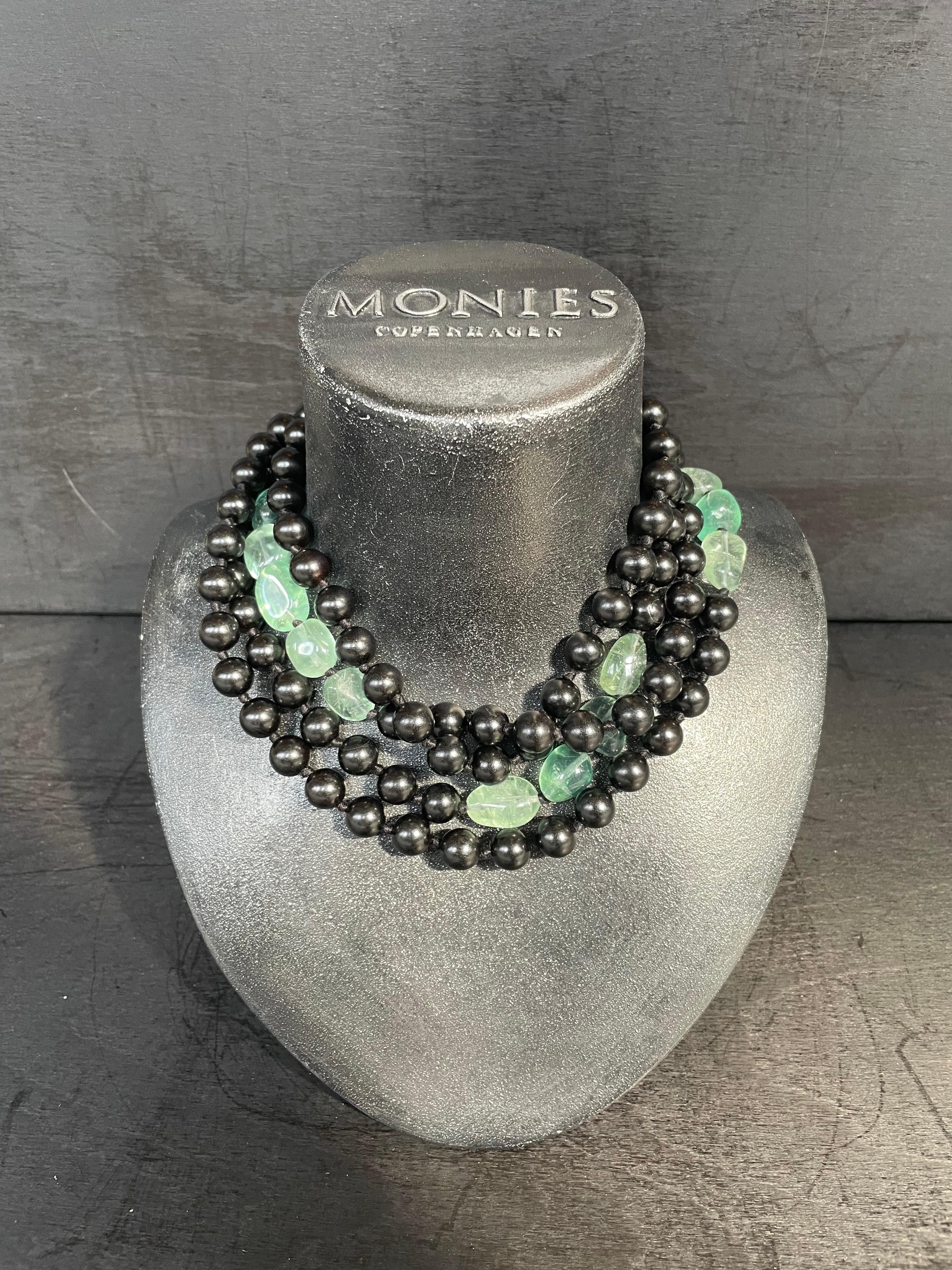 One-of-a-kind statement necklace from the Danish jewellery brand, Monies. 
Made in Green Fluorite & Ebony

Handcrafted in the Monies Atelier in Copenhagen.