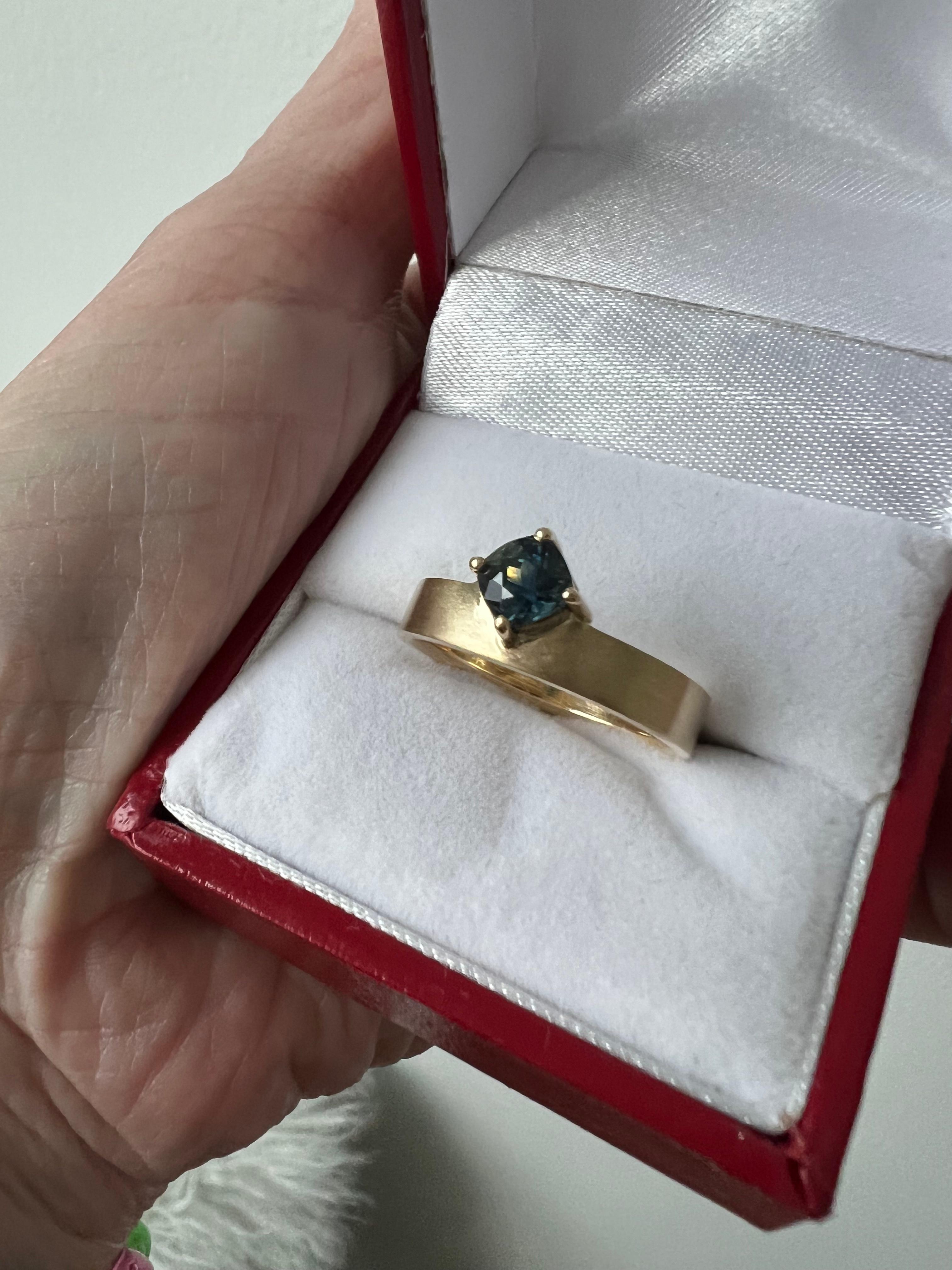 Cushion Cut One of a Kind Off Set Cushion Teal Sapphire Solitaire Ring. For Sale