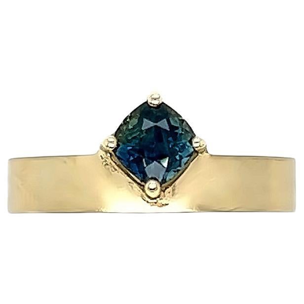 One of a Kind Off Set Cushion Teal Sapphire Solitaire Ring. For Sale