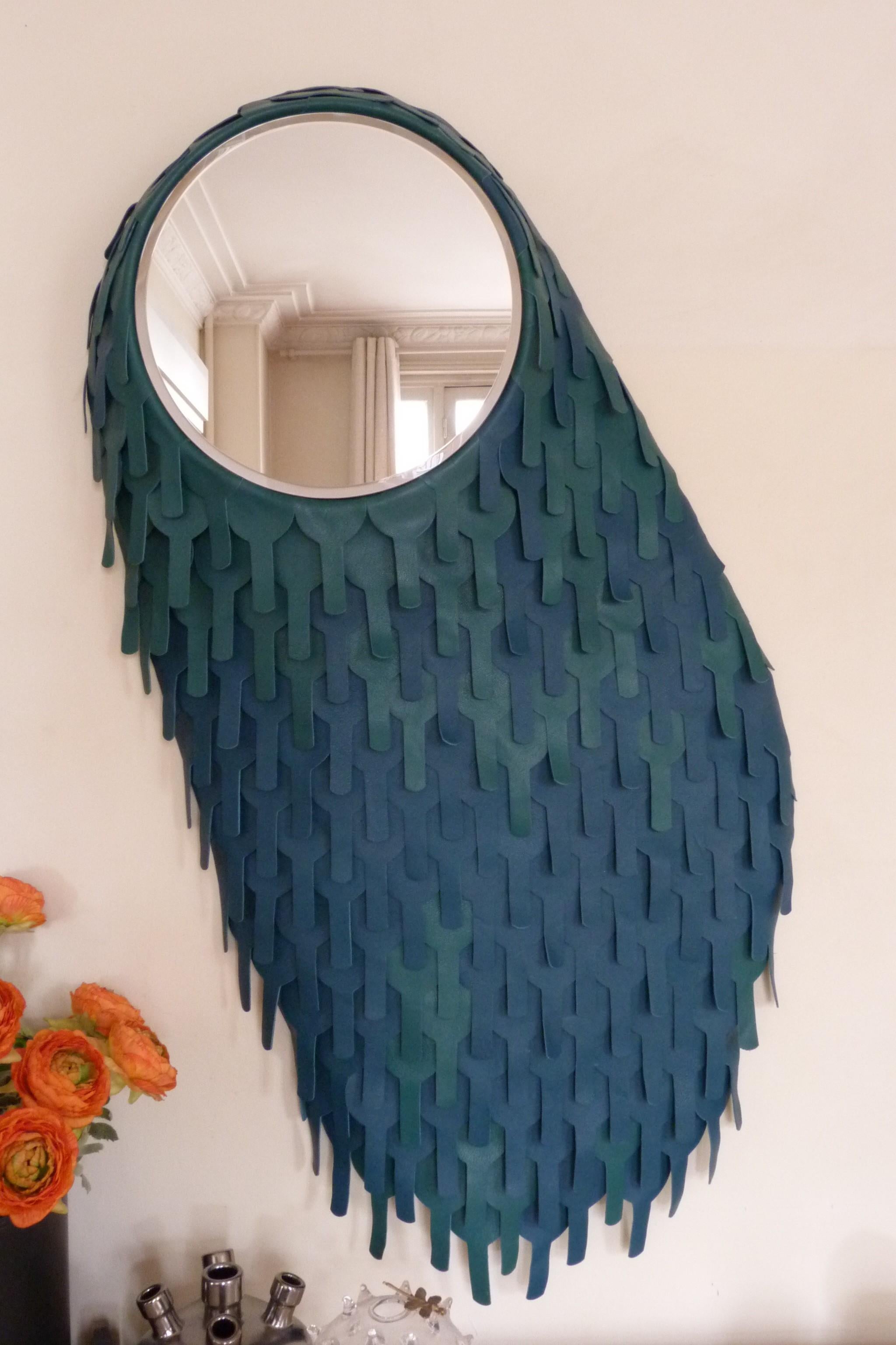 Appliqué One of a Kind Organic Modern Leather Artist’s Mirror, France For Sale