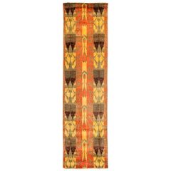 One of a Kind Oriental Ikat Wool Hand Knotted Runner, Tangerine