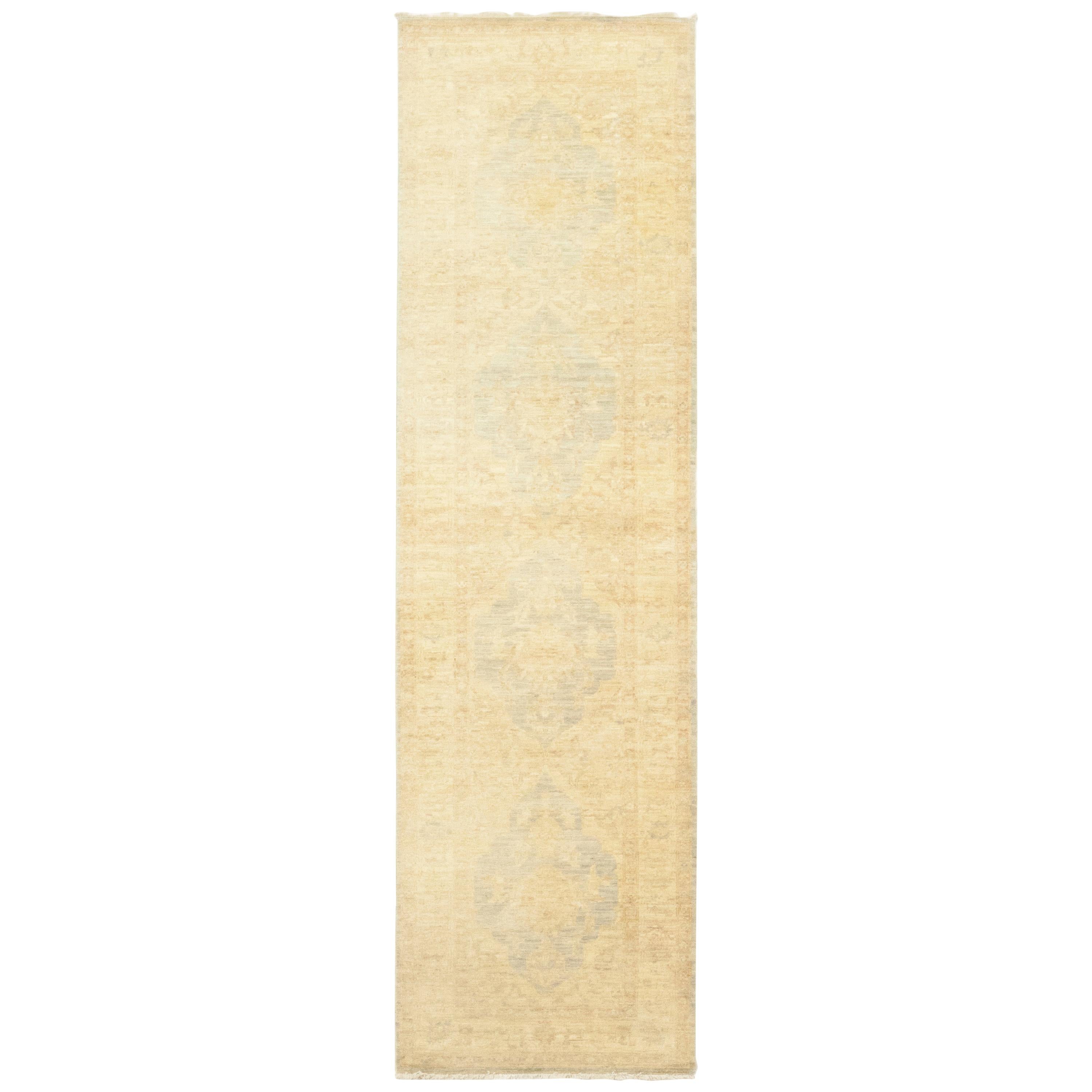 One-of-a-Kind Oriental Silky Oushak Wool Hand Knotted Runner, Cream