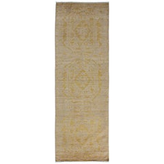 One of a Kind Oriental Silky Oushak Wool Hand Knotted Runner, Gold