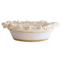 One of a Kind Oval Ceramic Bowl #777, Satin White Glaze & Woven Cotton Edge