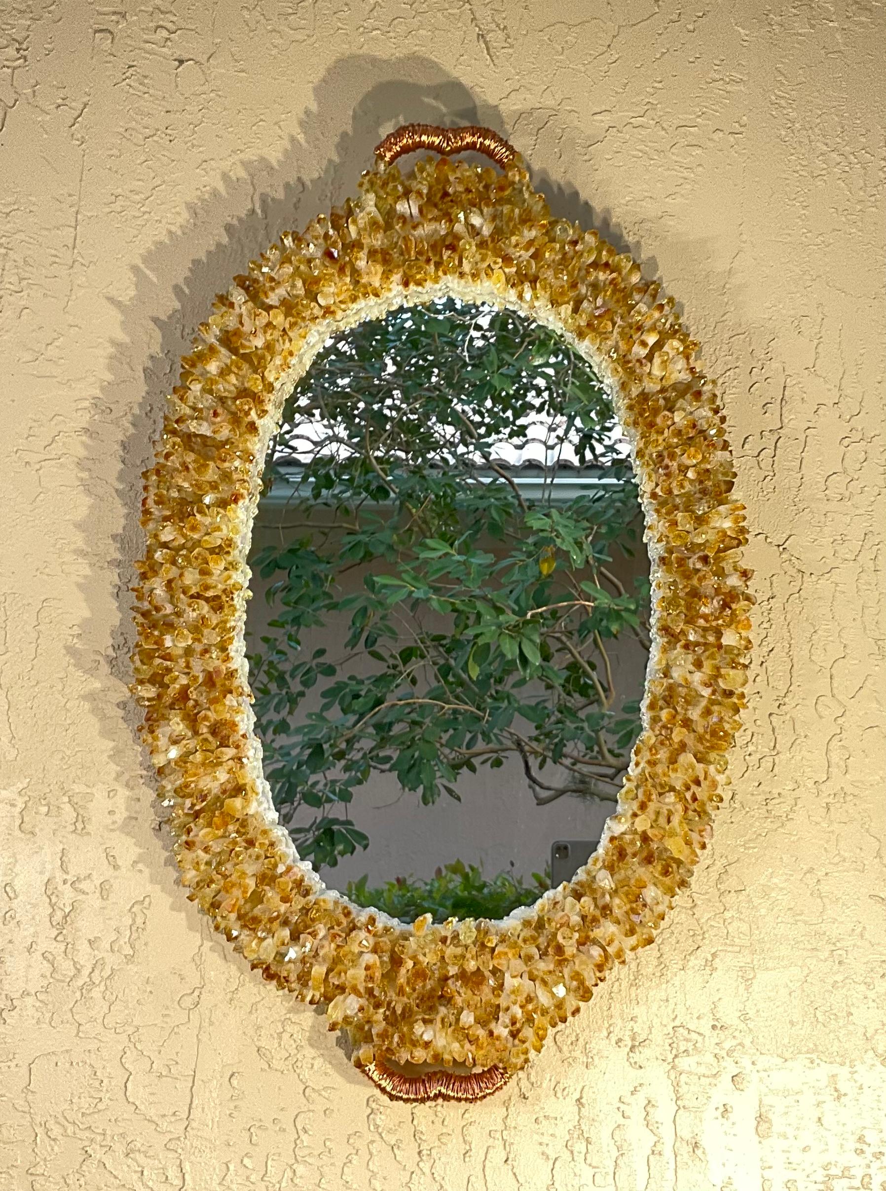 One of a Kind Oval Citrine Crystal Quartz Wall Mirror For Sale 8